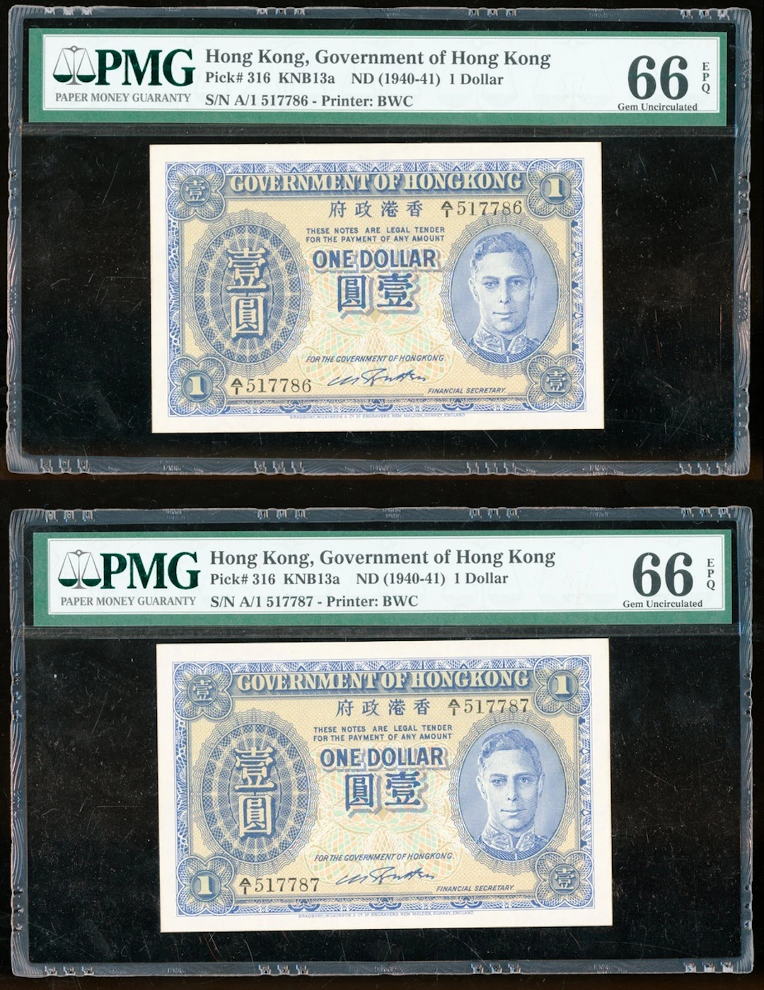 Government of HongKong, consecutive pair $1, ND (1940-41), FIRST PREFIX