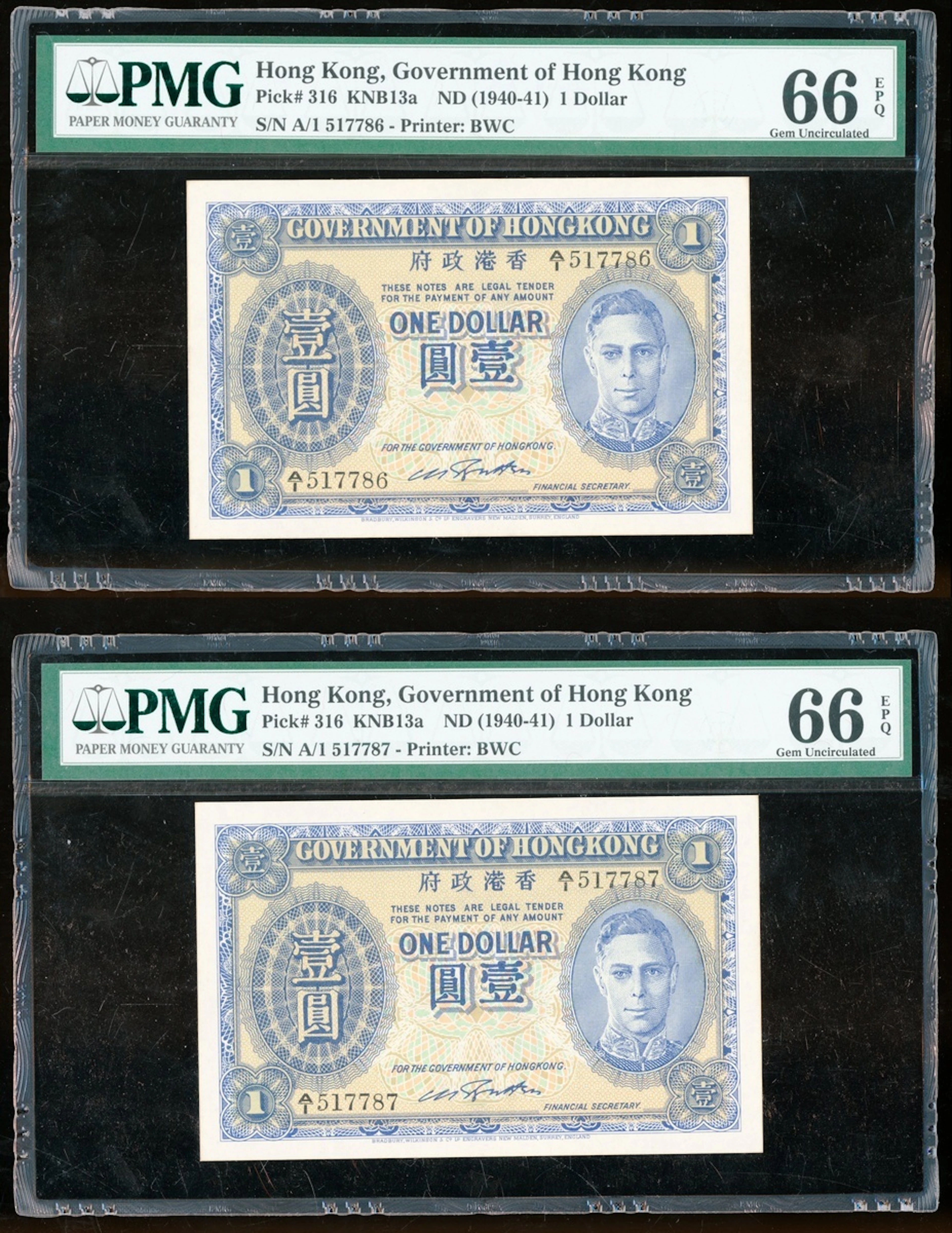 Government of HongKong, consecutive pair $1, ND (1940-41), FIRST PREFIX
