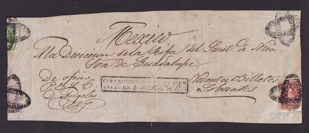 1856 "Hidalgos" Querétaro. 2r. Green, 4r. Red and 8r. Lilac, on a