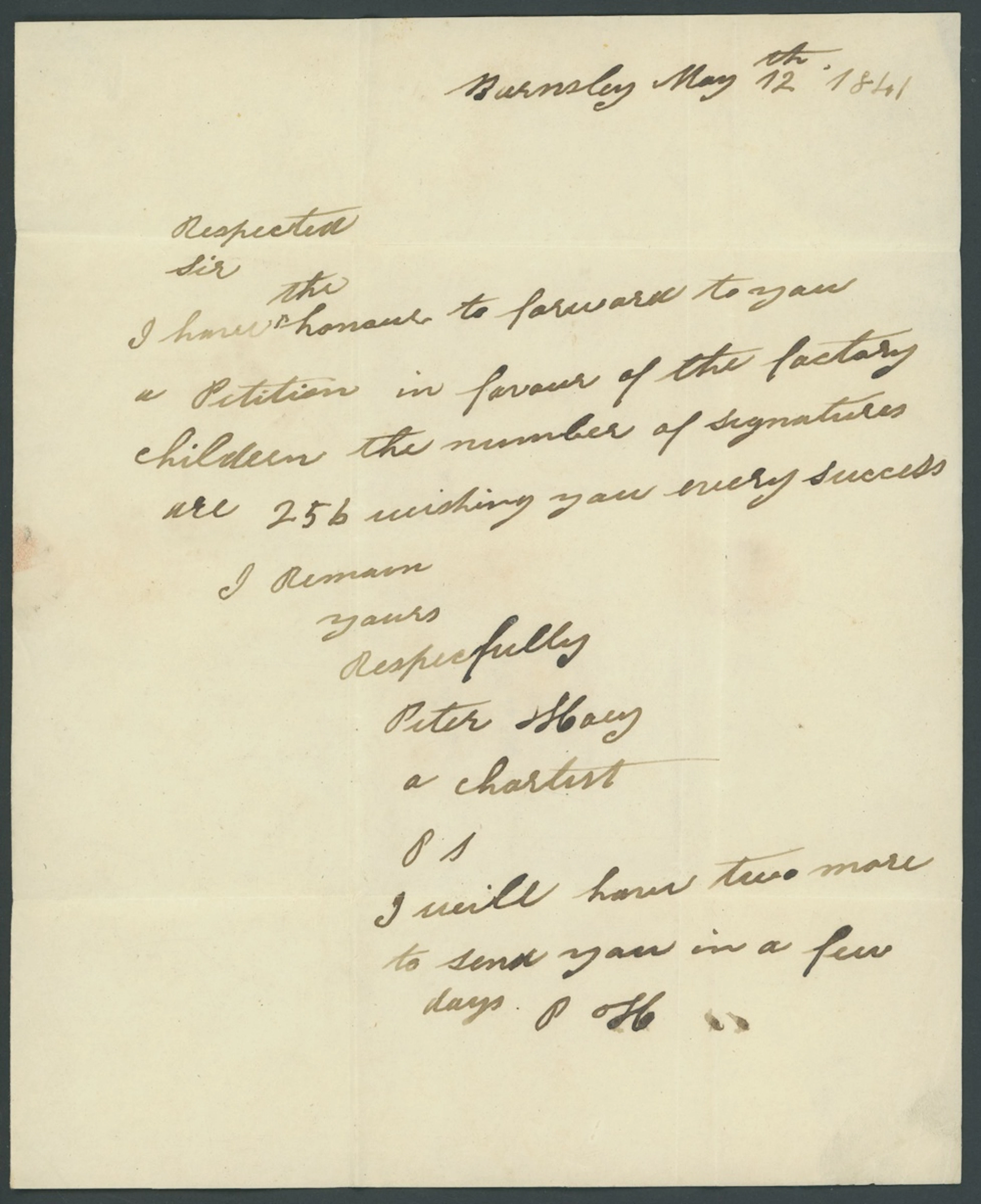 Great Britain Chartism 1841 (12 May) Autograph letter written by Peter