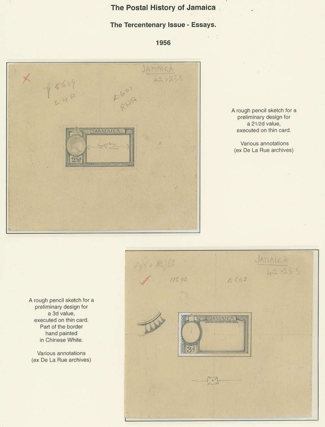 Jamaica 1955 Tercentenary Issue essays: 2½d. and 3d. pencil sketches