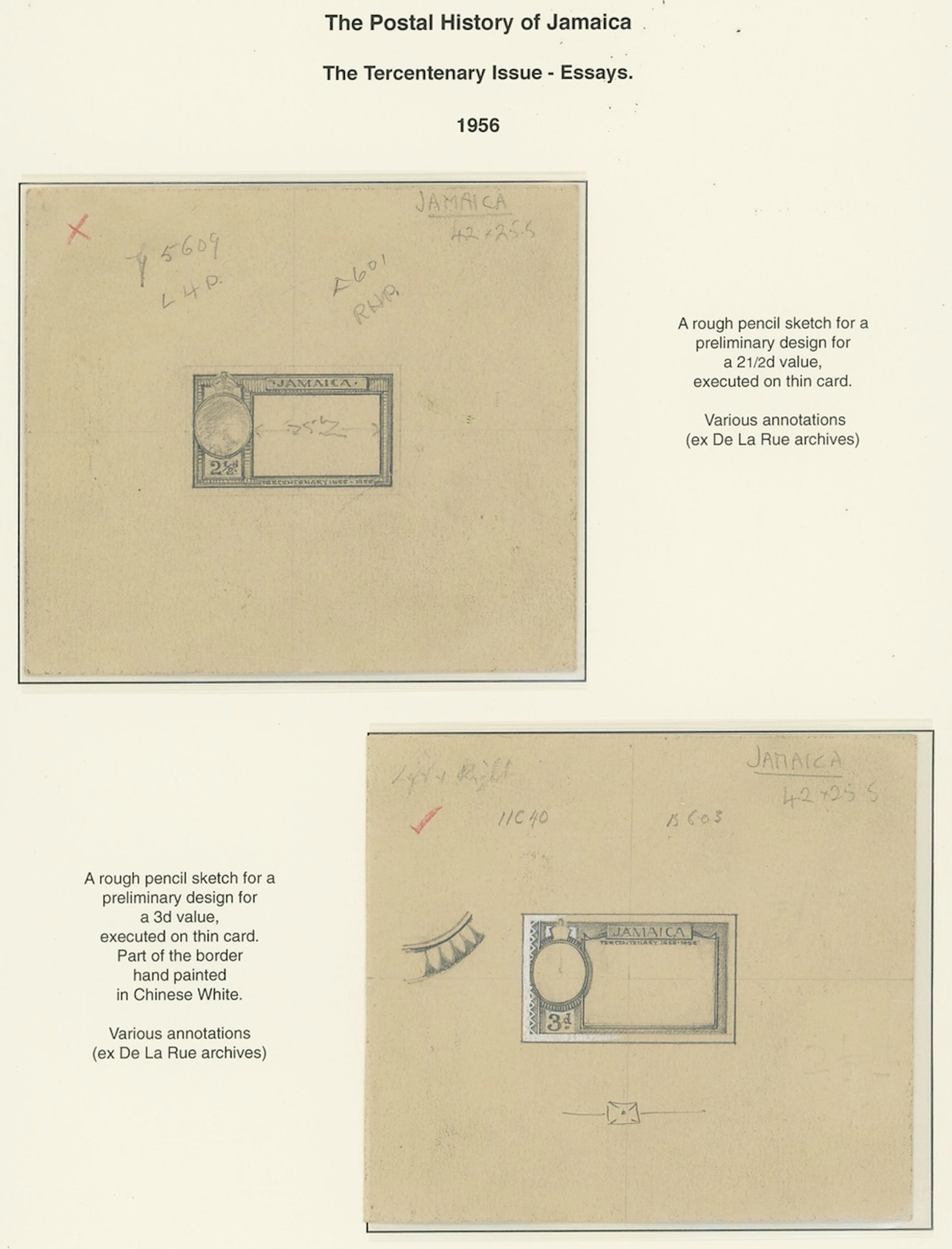 Jamaica 1955 Tercentenary Issue essays: 2½d. and 3d. pencil sketches