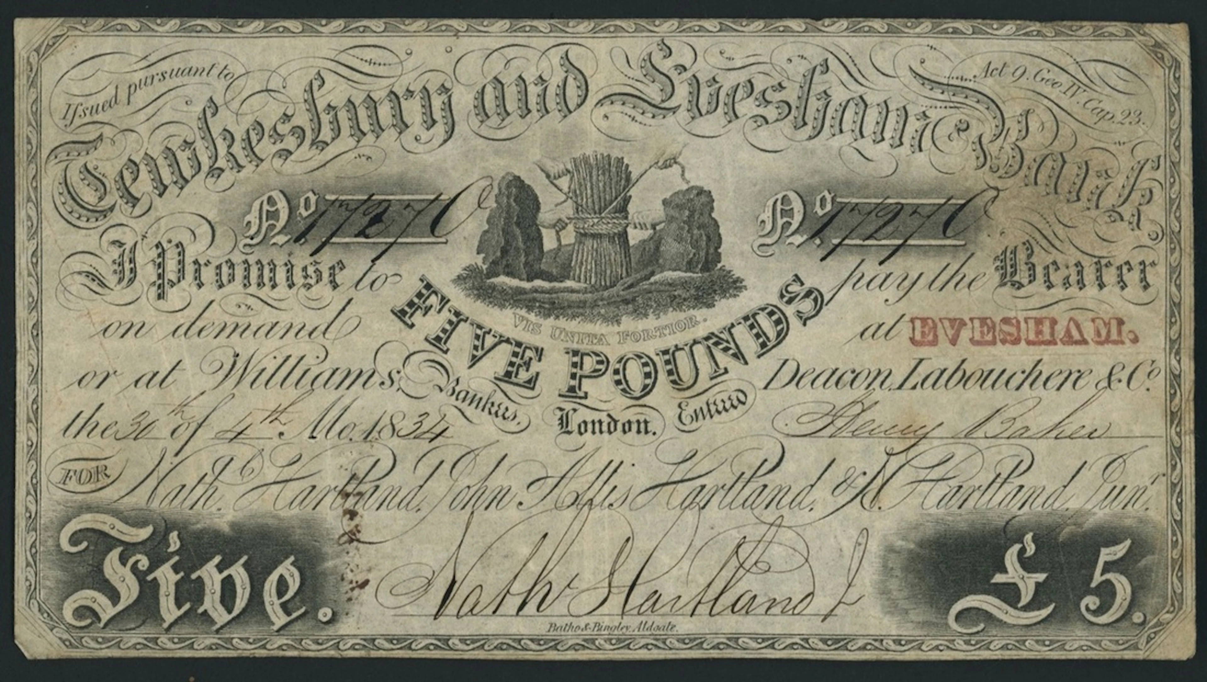 Tewkesbury & Evesham Bank, for Nath. Hartland, John Allis Hartland
