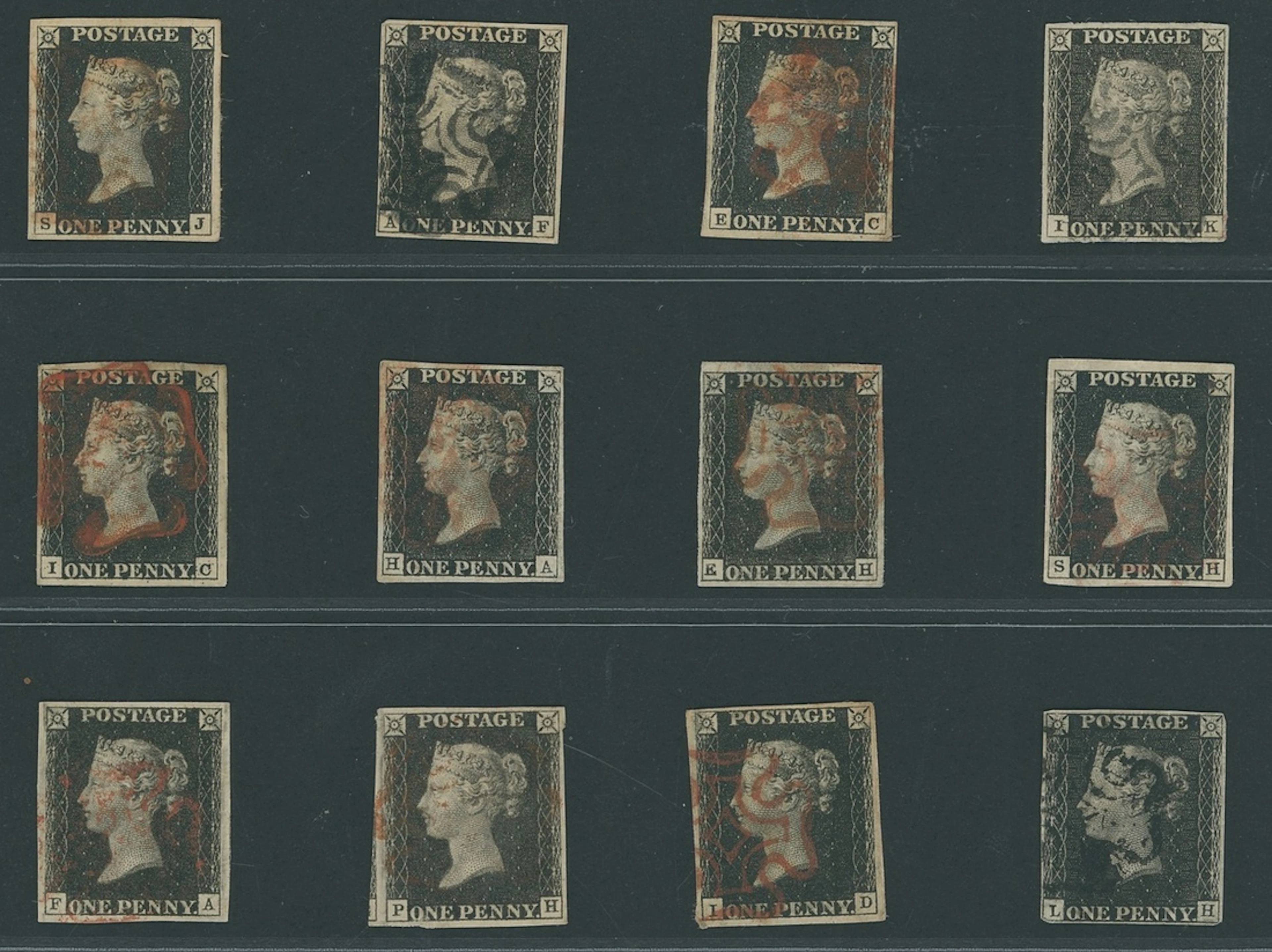 Great Britain 1840 One Penny Black Plates 1a to 11, a used set of