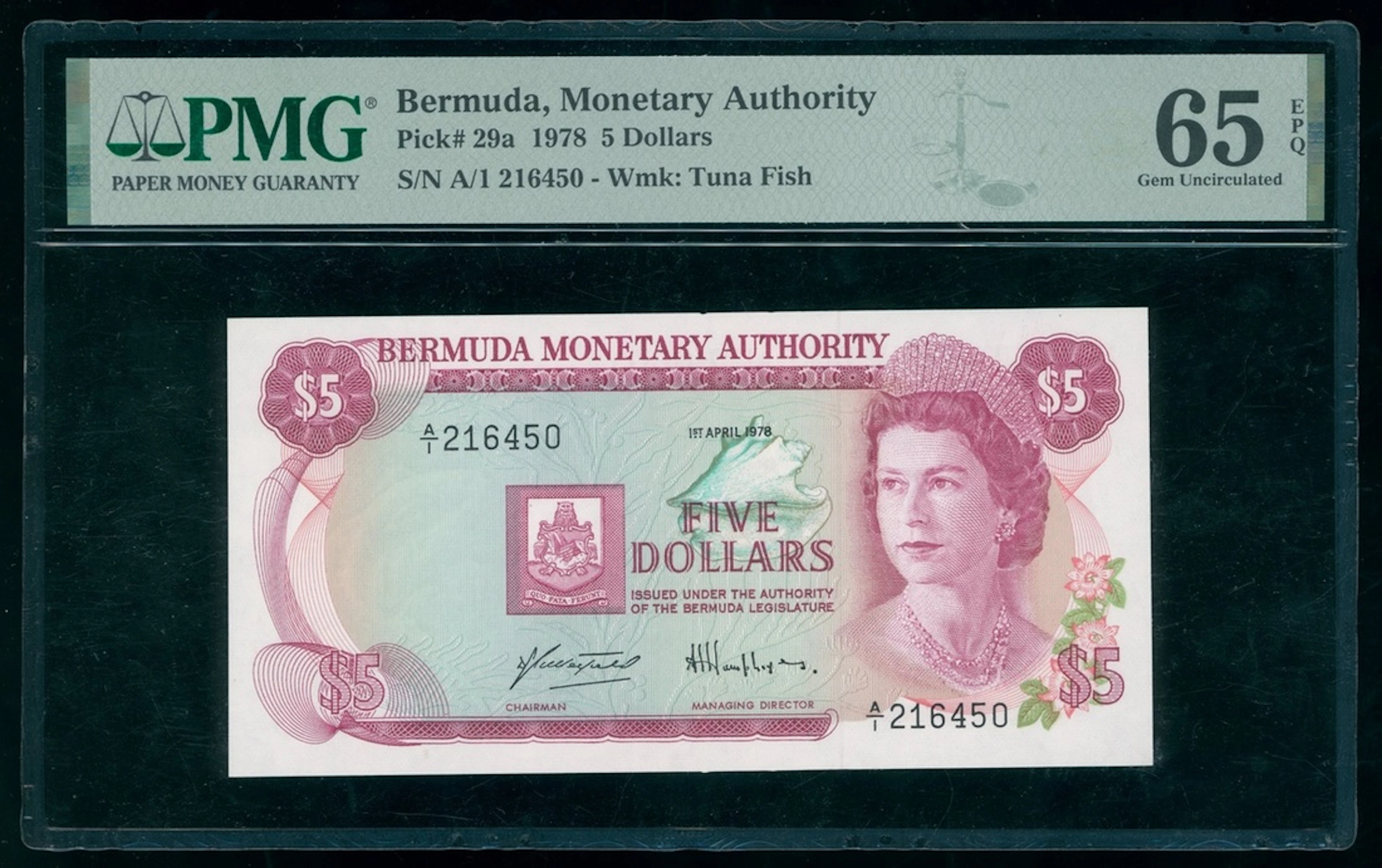 Bermuda Monetary Authority, $5, 1.4.1978, serial number A/1 216450, (Pick 29a)