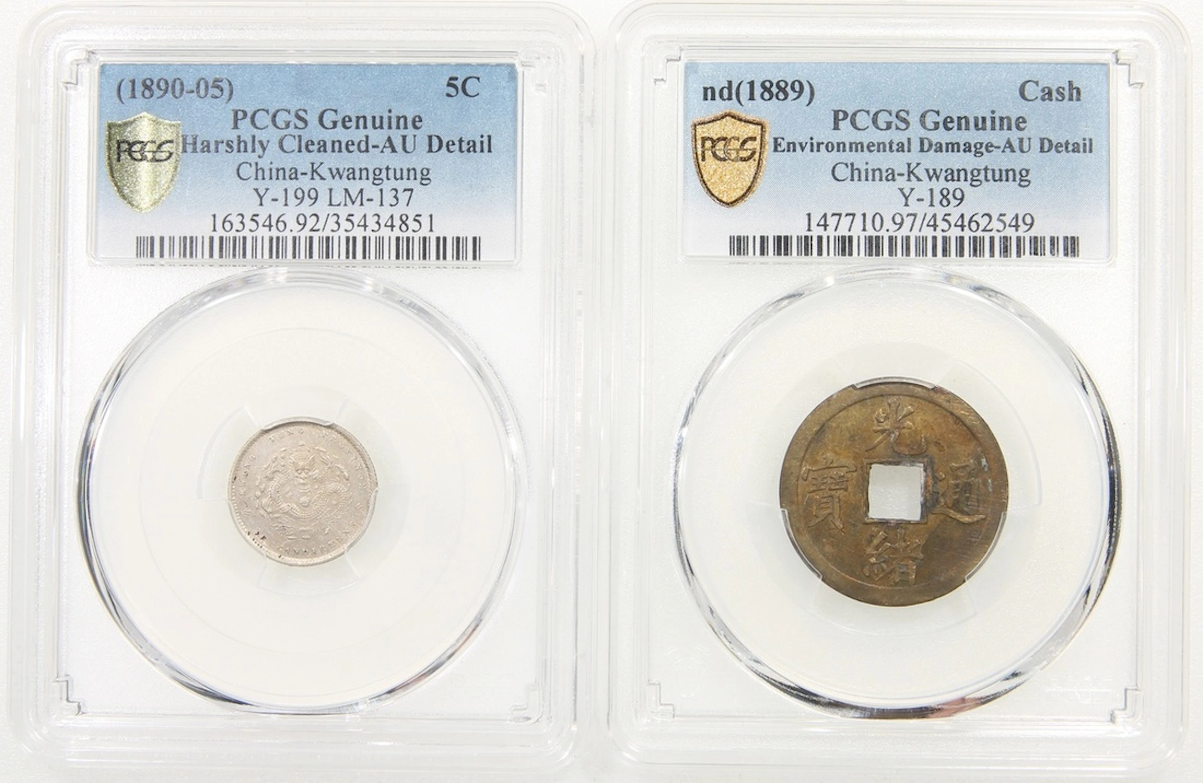 Kwangtung Province, a copper 1 cash and a silver 5 cents, Guangxu Yuan Bao