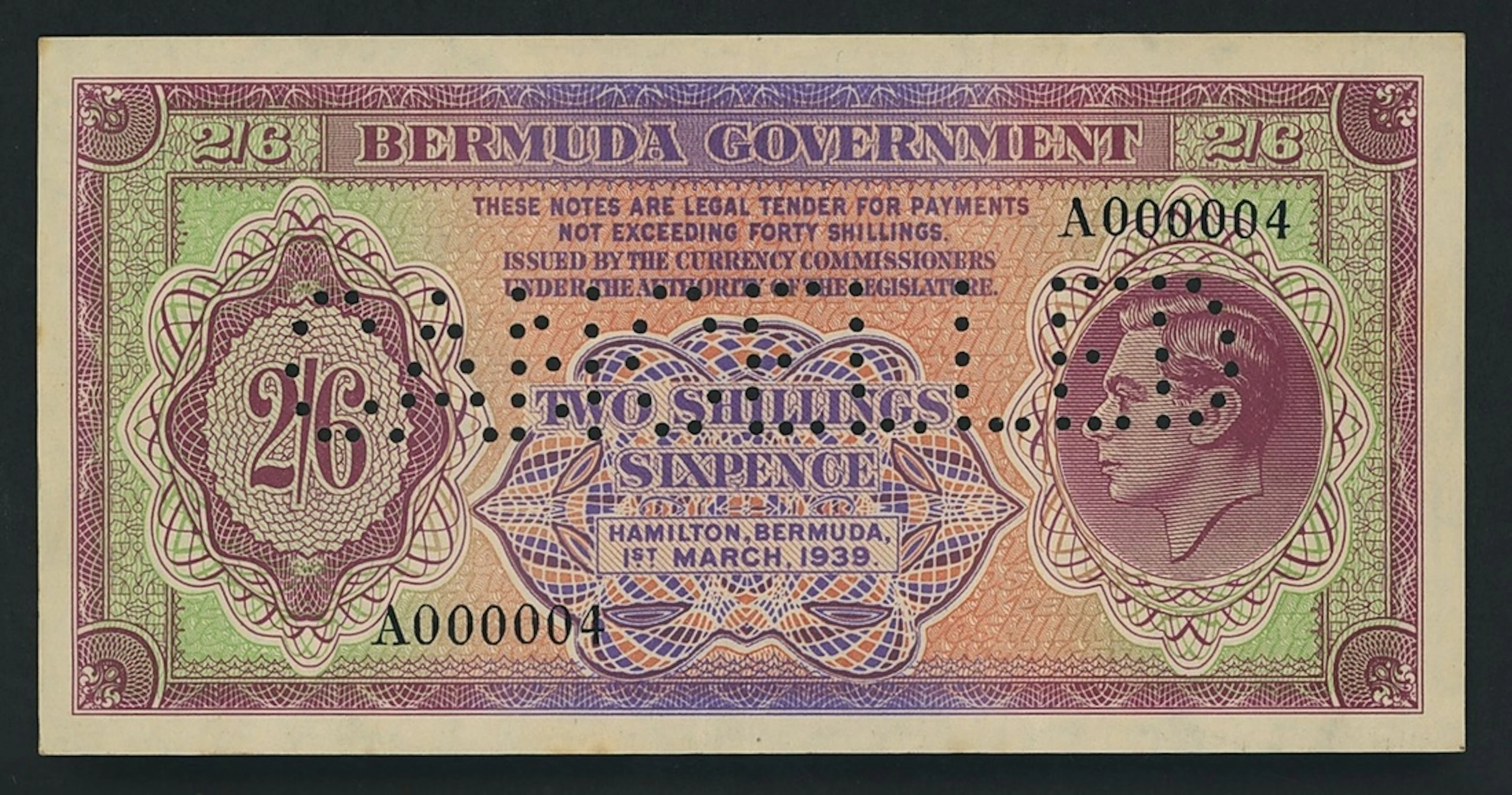 Bermuda Government, 2 Shillings 6 Pence, 1st March 1939, serial number
