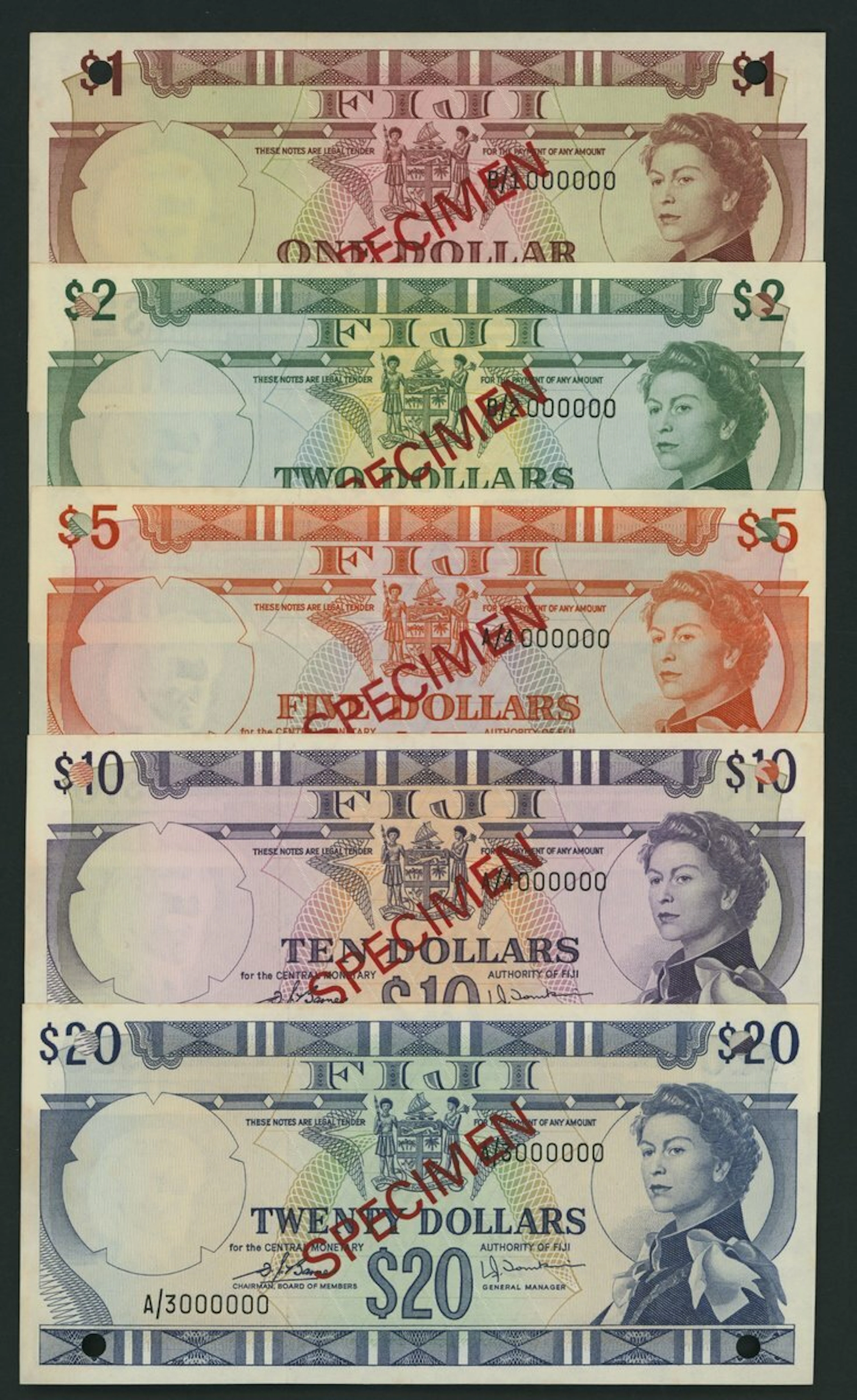 Central Monetary Authority of Fiji, [5 notes] specimen 1, 2, 5 & 10