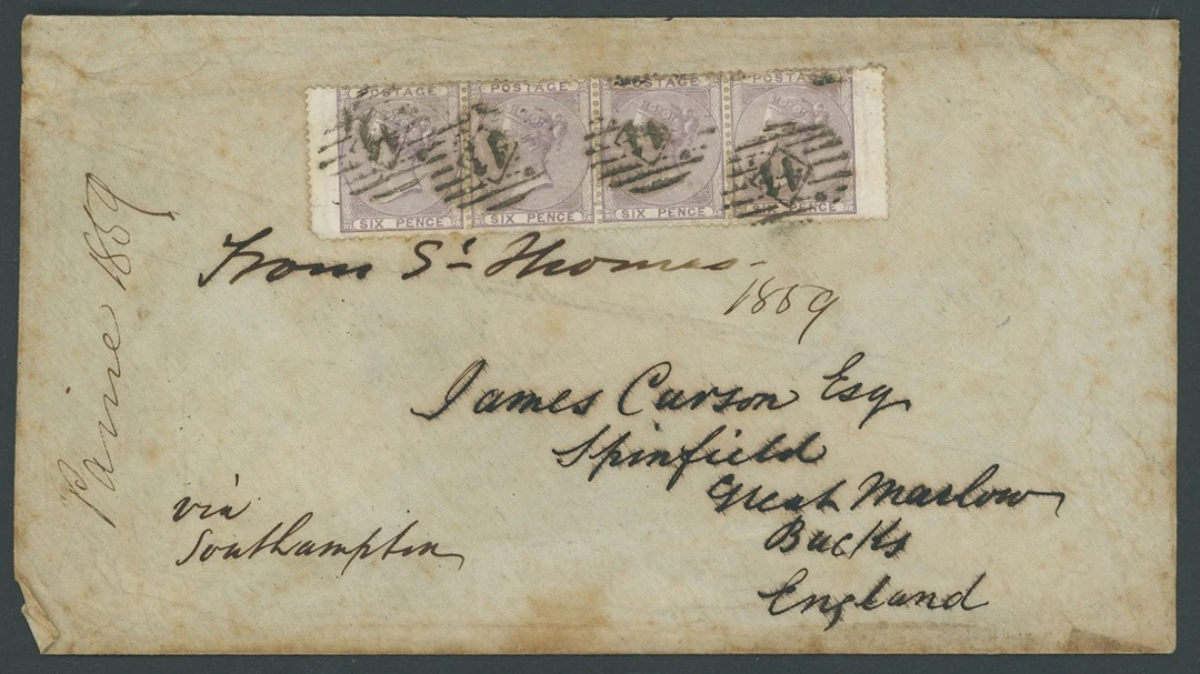 Jamaica Covers and Cancellations 1859 waxed envelope (faults) to England