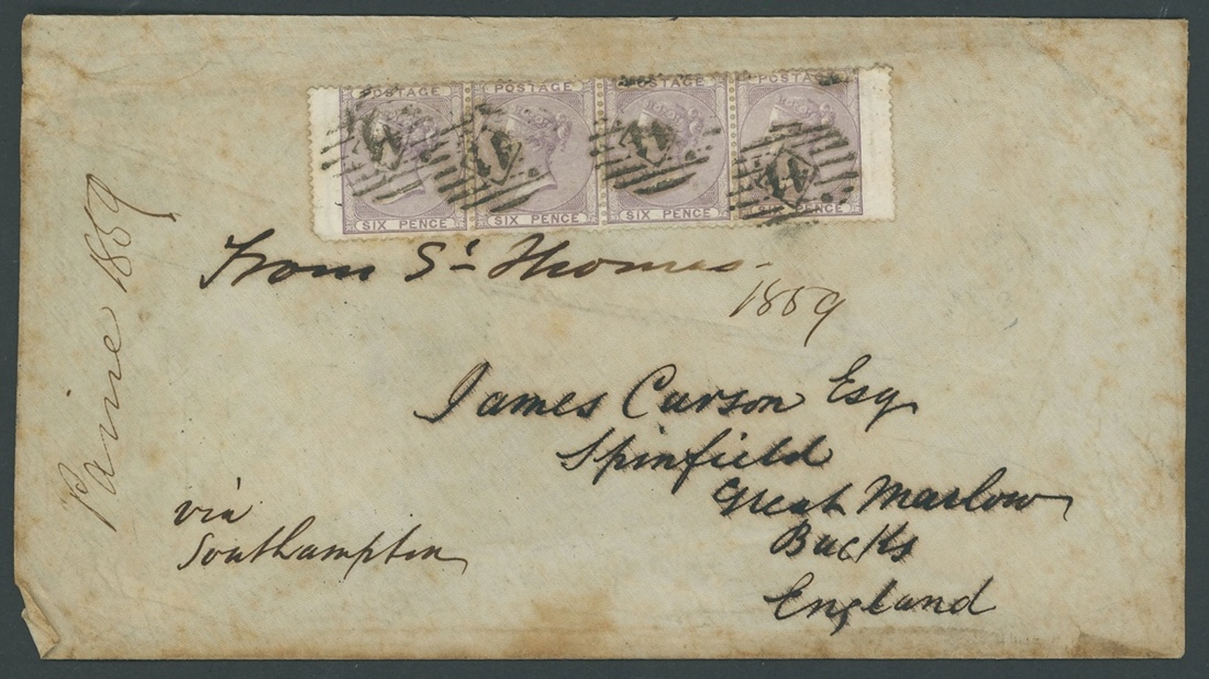 Jamaica Covers and Cancellations 1859 waxed envelope (faults) to England