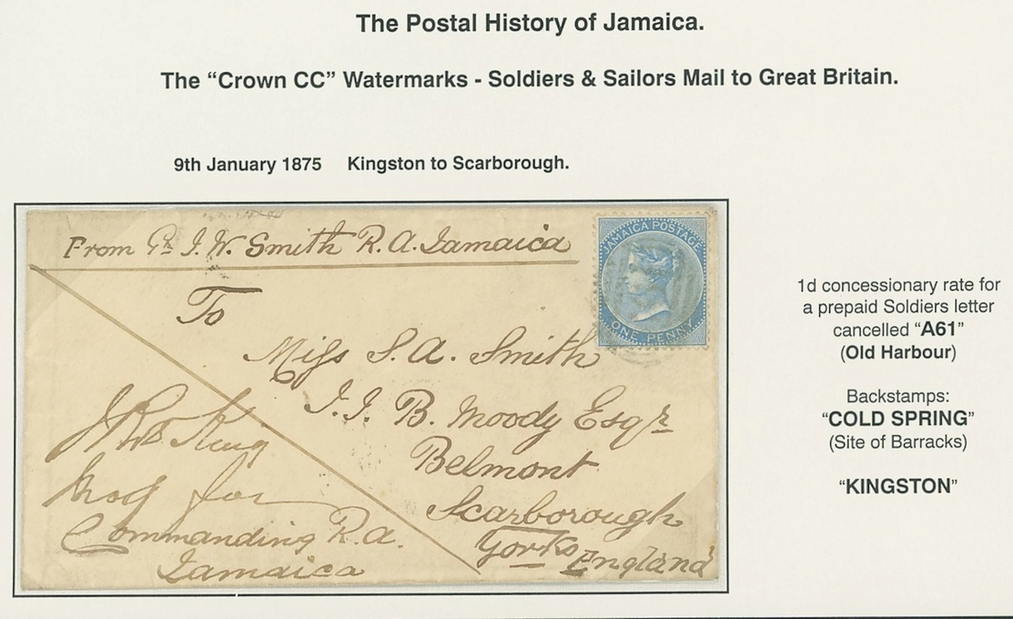 Jamaica Covers and Cancellations Military Mail 1875 (9 Jan.) soldier's