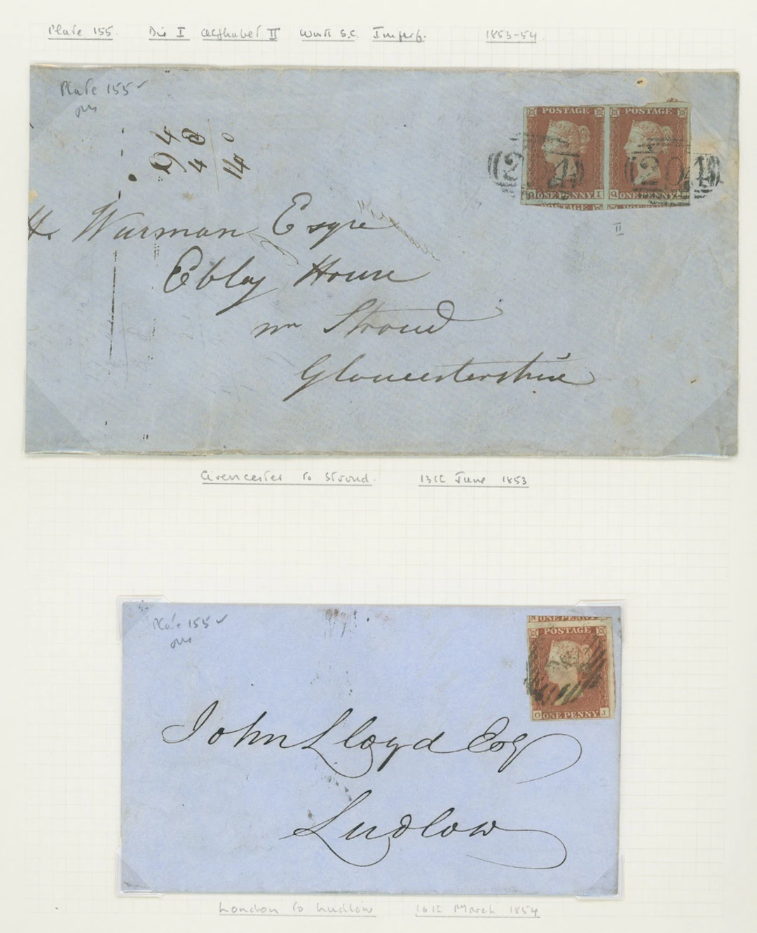 Great Britain 1841-53 One Penny Red-Brown Mixed Plates Plate 155 and