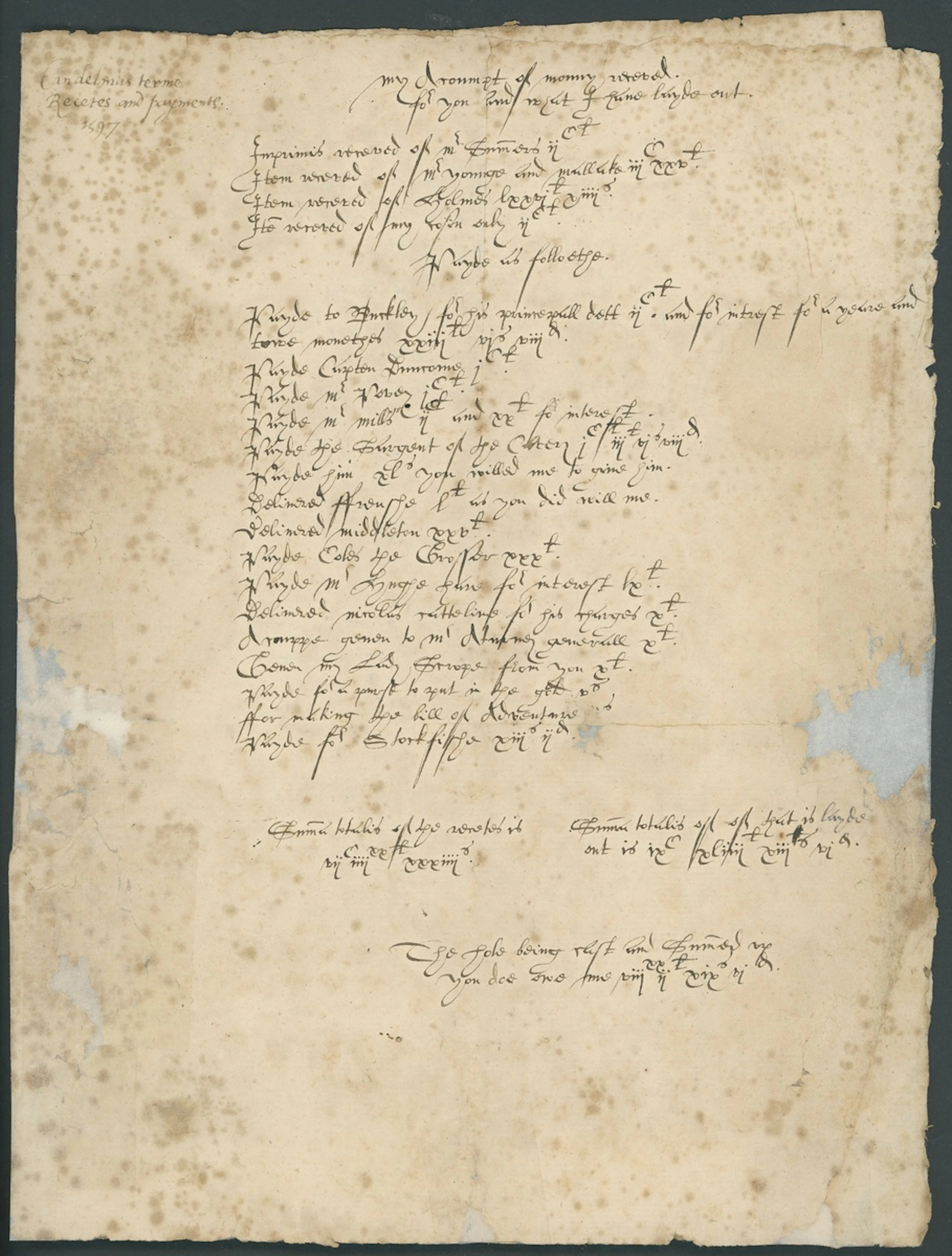 England The Spencer Family 1597 - 1598 "An account of money" for the