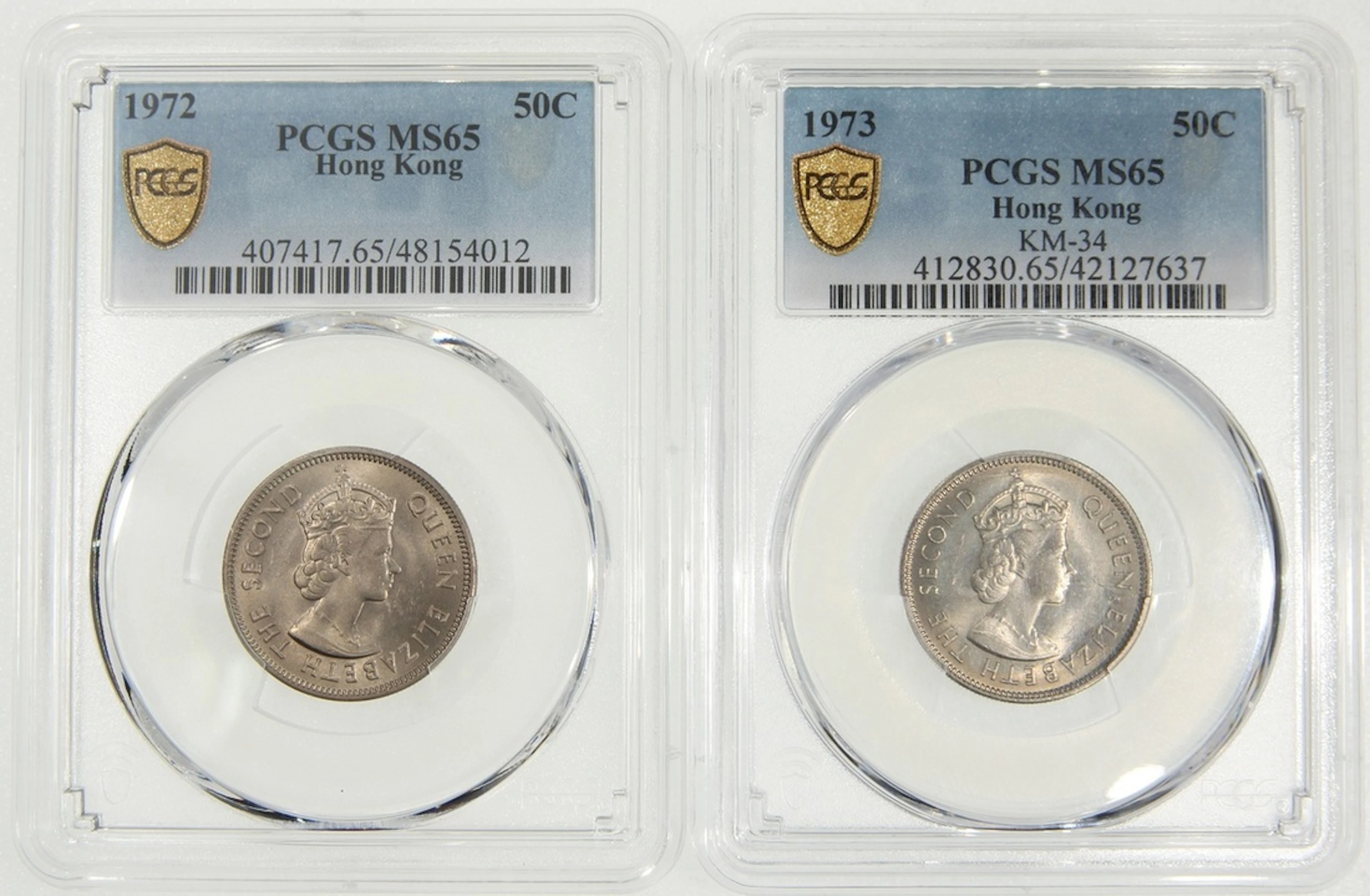 Hong Kong, [PCGS MS65] a pair of copper nickel 50 cents, 1972 and 1973