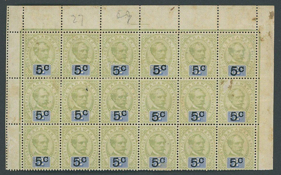 Sarawak 1889-92 Provisionals "5c." (Type 9) on 12c. green and blue