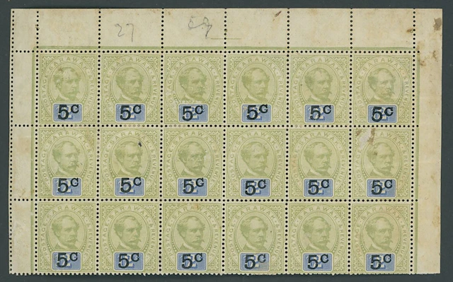 Sarawak 1889-92 Provisionals "5c." (Type 9) on 12c. green and blue