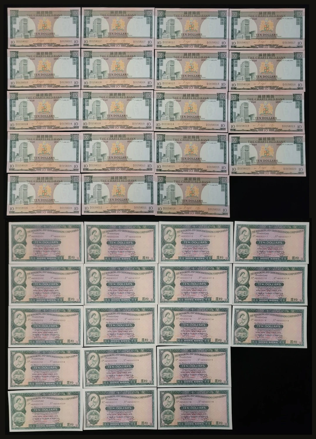 Hong Kong Banknotes, $10 (37), including Chartered Bank 1975, serial