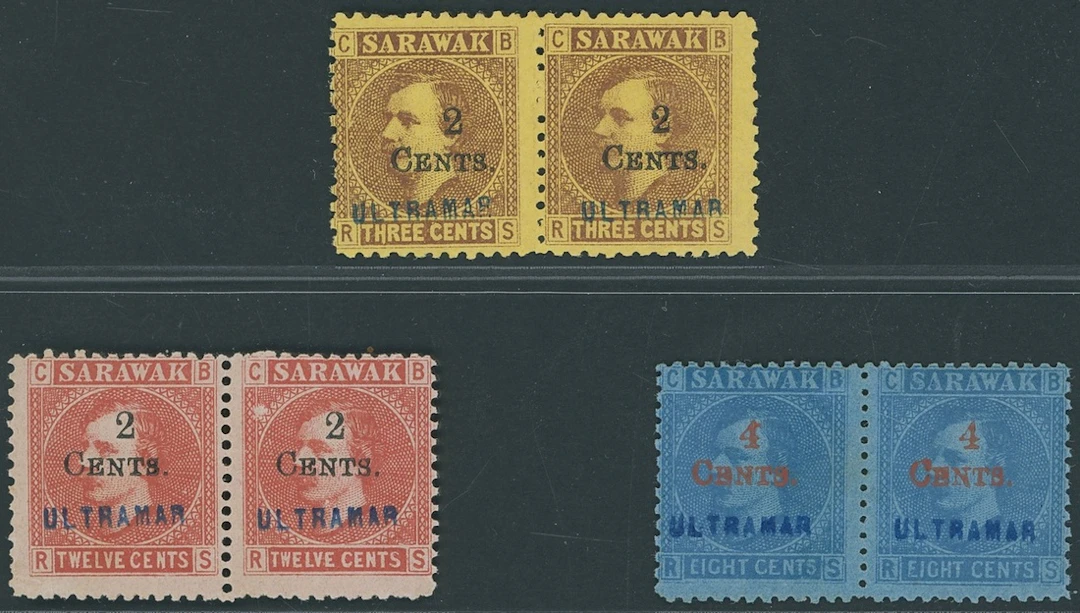 Sarawak 1899 Provisional Surcharges 2c. on 3c., 2c. on 12c. and 4c.