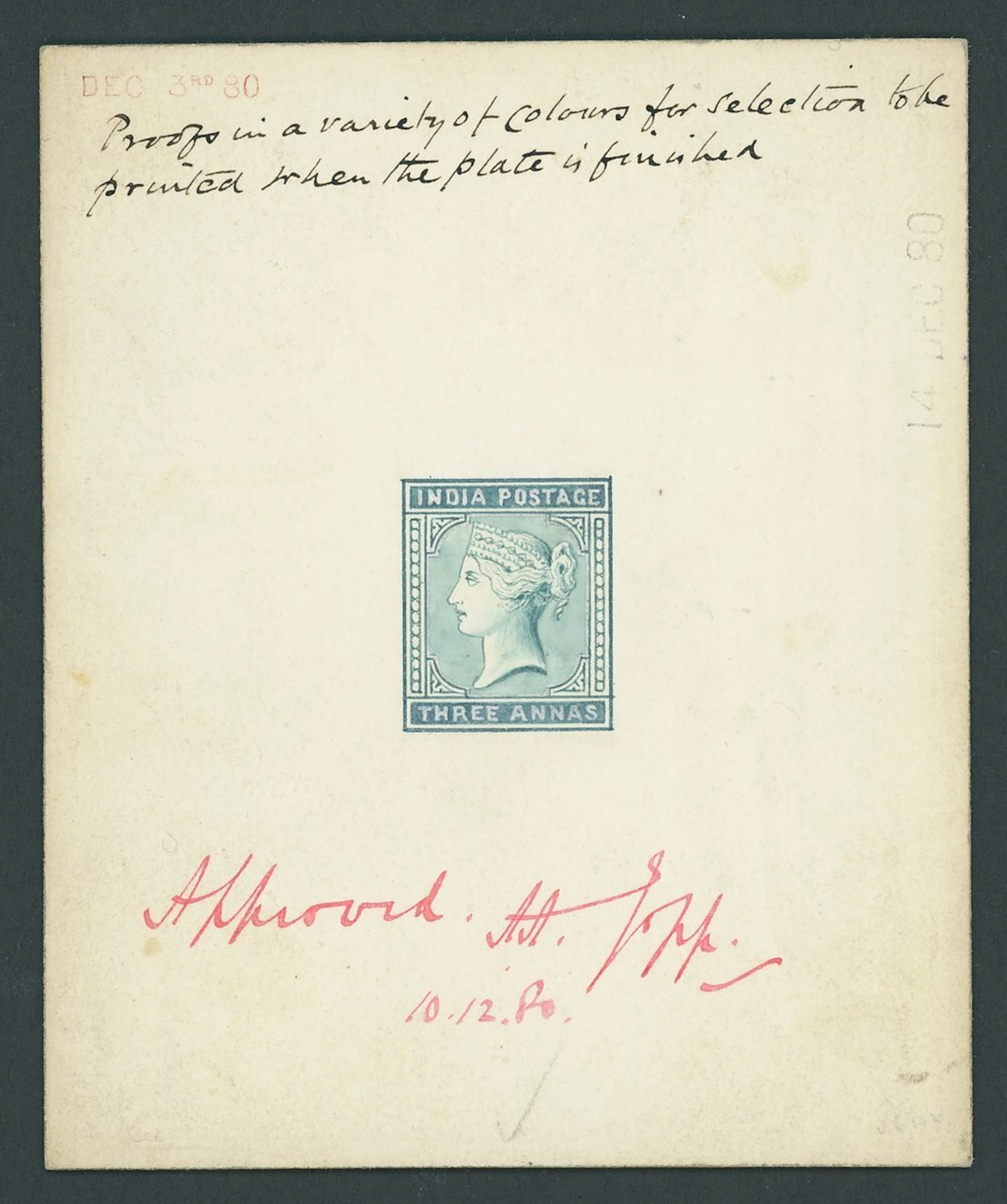 India Later Issues 1880 3a. hand-pianted essay inscribed "india postage"