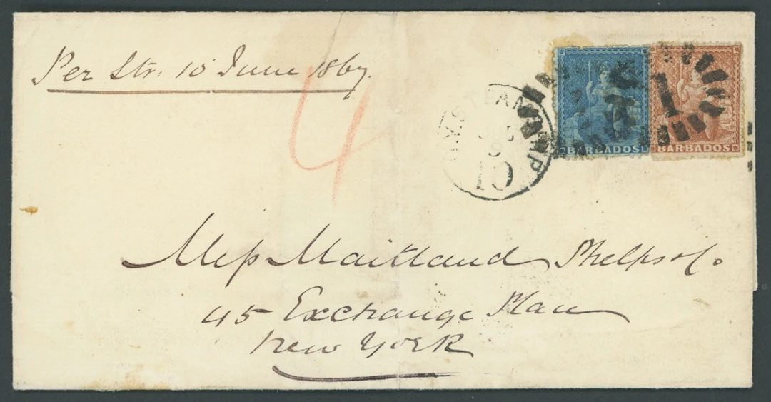 Barbados Britannia Issues Covers 1867 (8 June) entire to New York