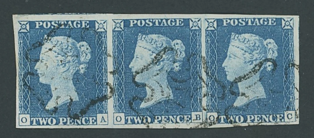 Great Britain 1840 Two Pence Blue Plate 1 OA-OC, horizontal strip