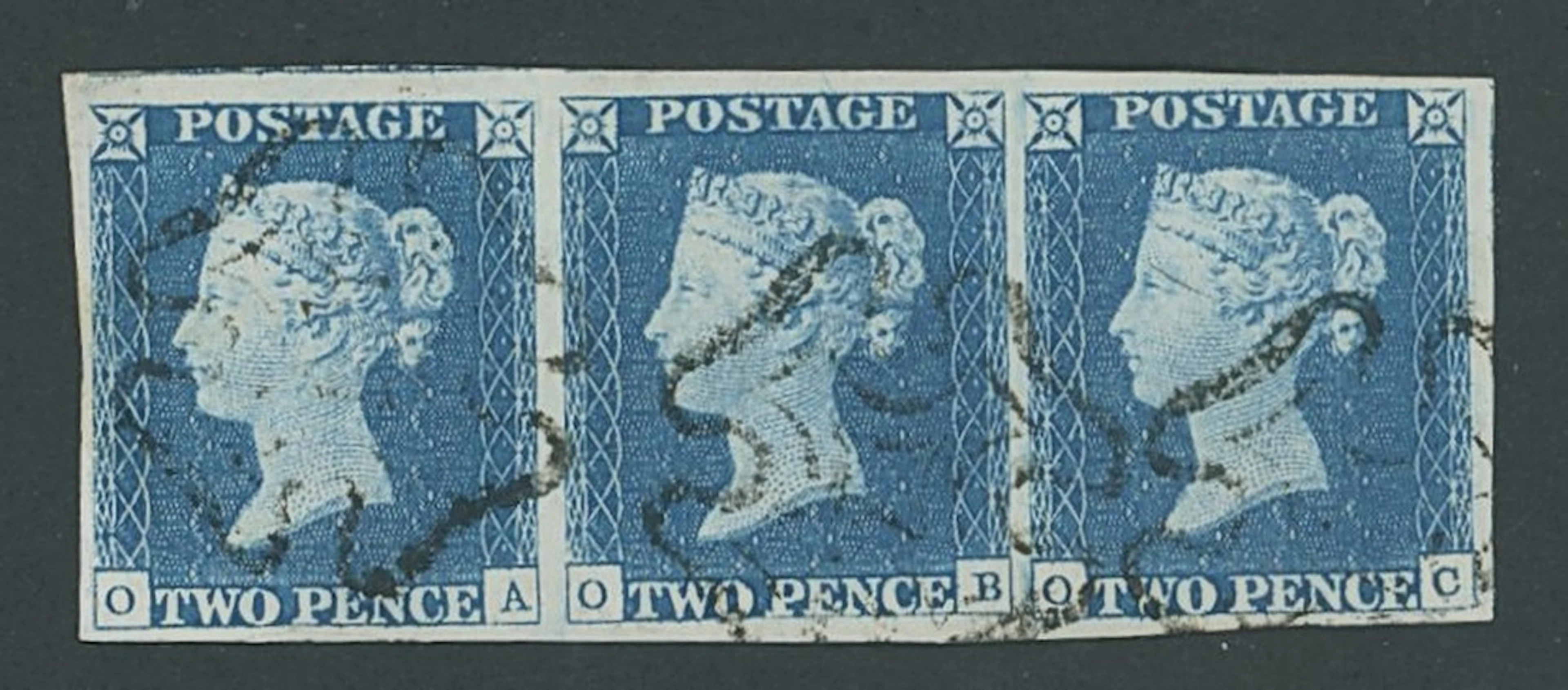 Great Britain 1840 Two Pence Blue Plate 1 OA-OC, horizontal strip