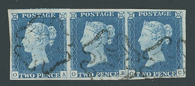 Great Britain 1840 Two Pence Blue Plate 1 OA-OC, horizontal strip
