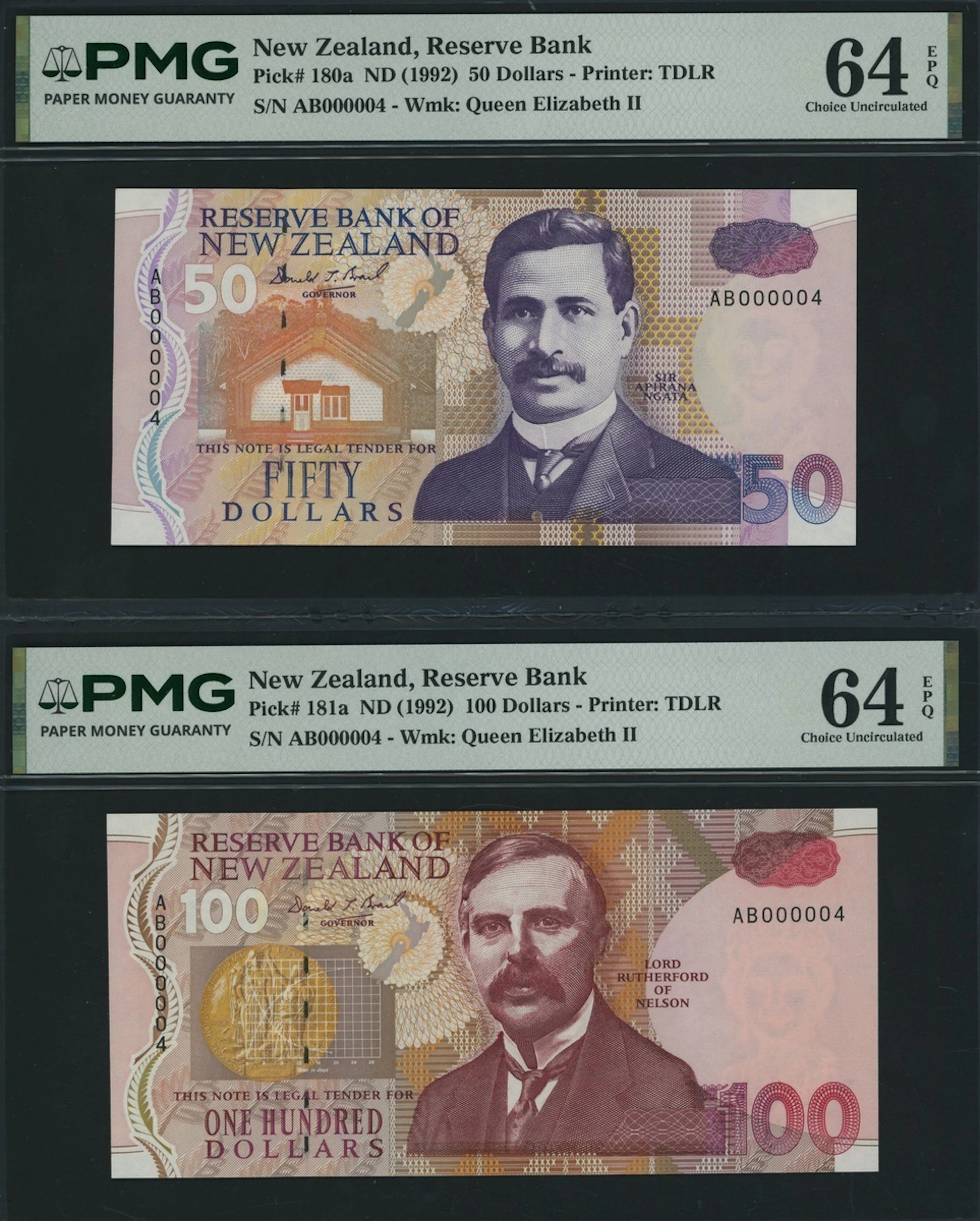 Reserve Bank of New Zealand, [2 notes] 50 & 100 Dollars, ND (1992)