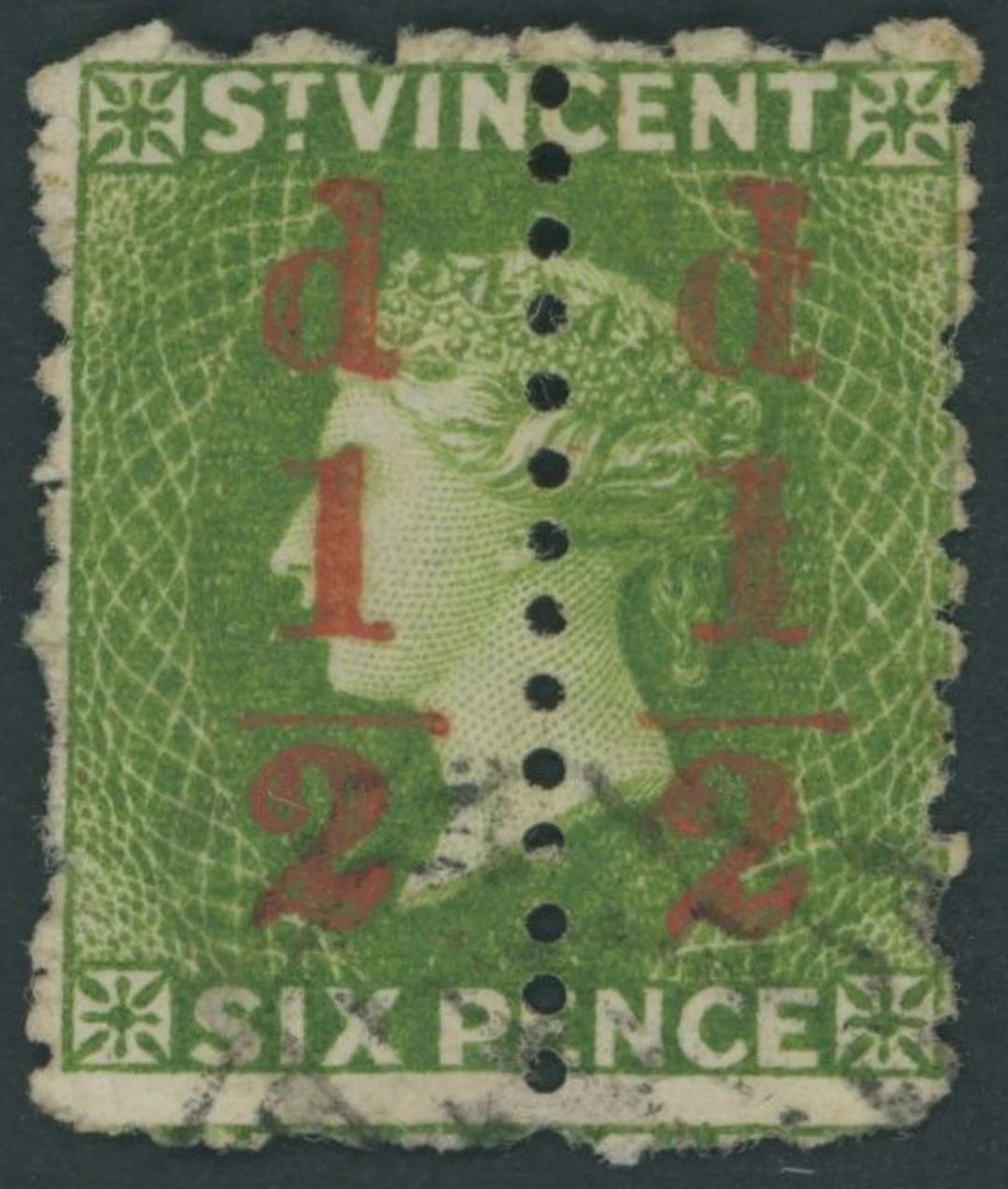 St. Vincent 1881 ½d. on half 6d. bright green, an unsevered pair, fine used.