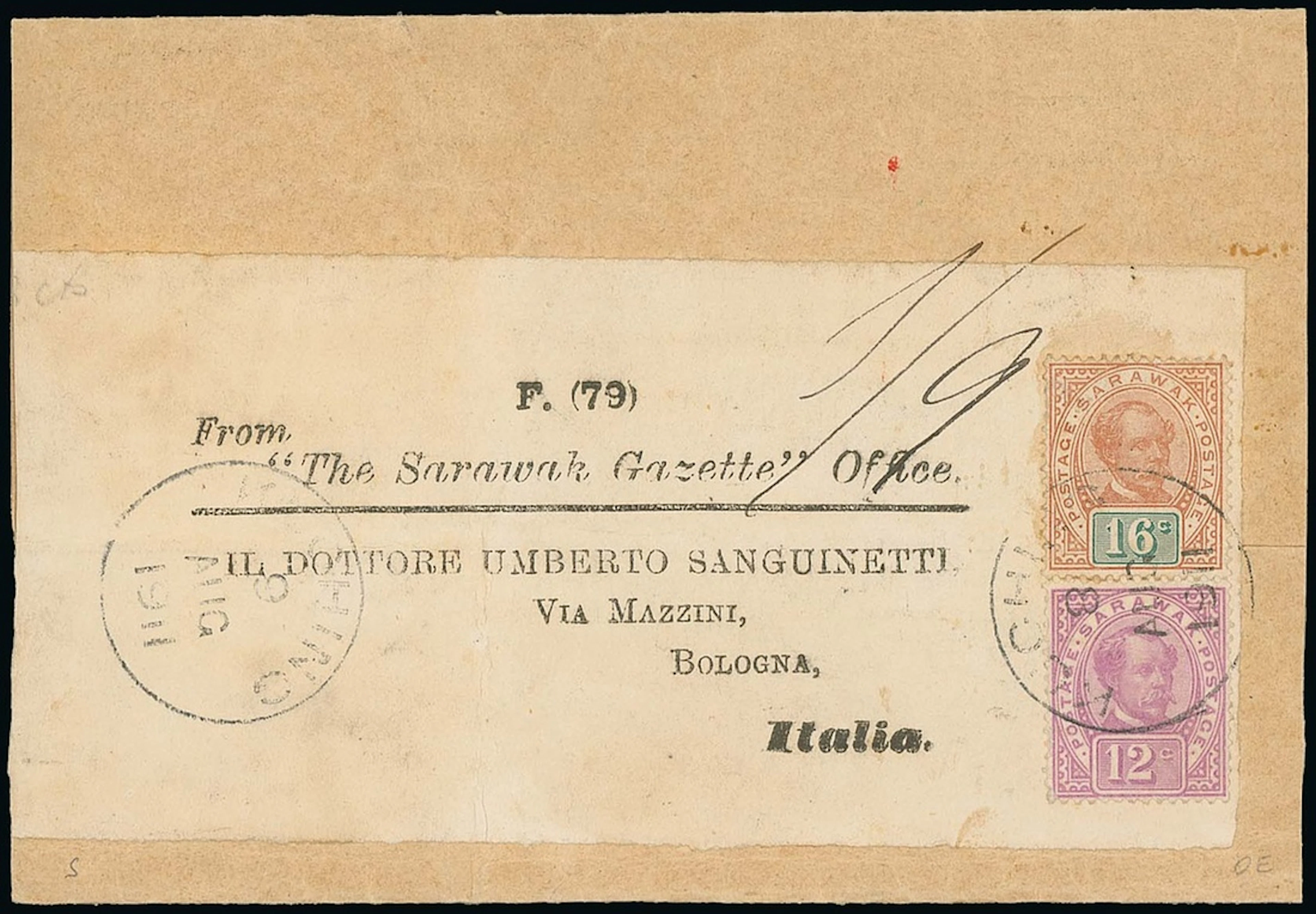 Sarawak 1899-1908 "postage postage" Issue Covers 1911 (8 Aug.) wrapper