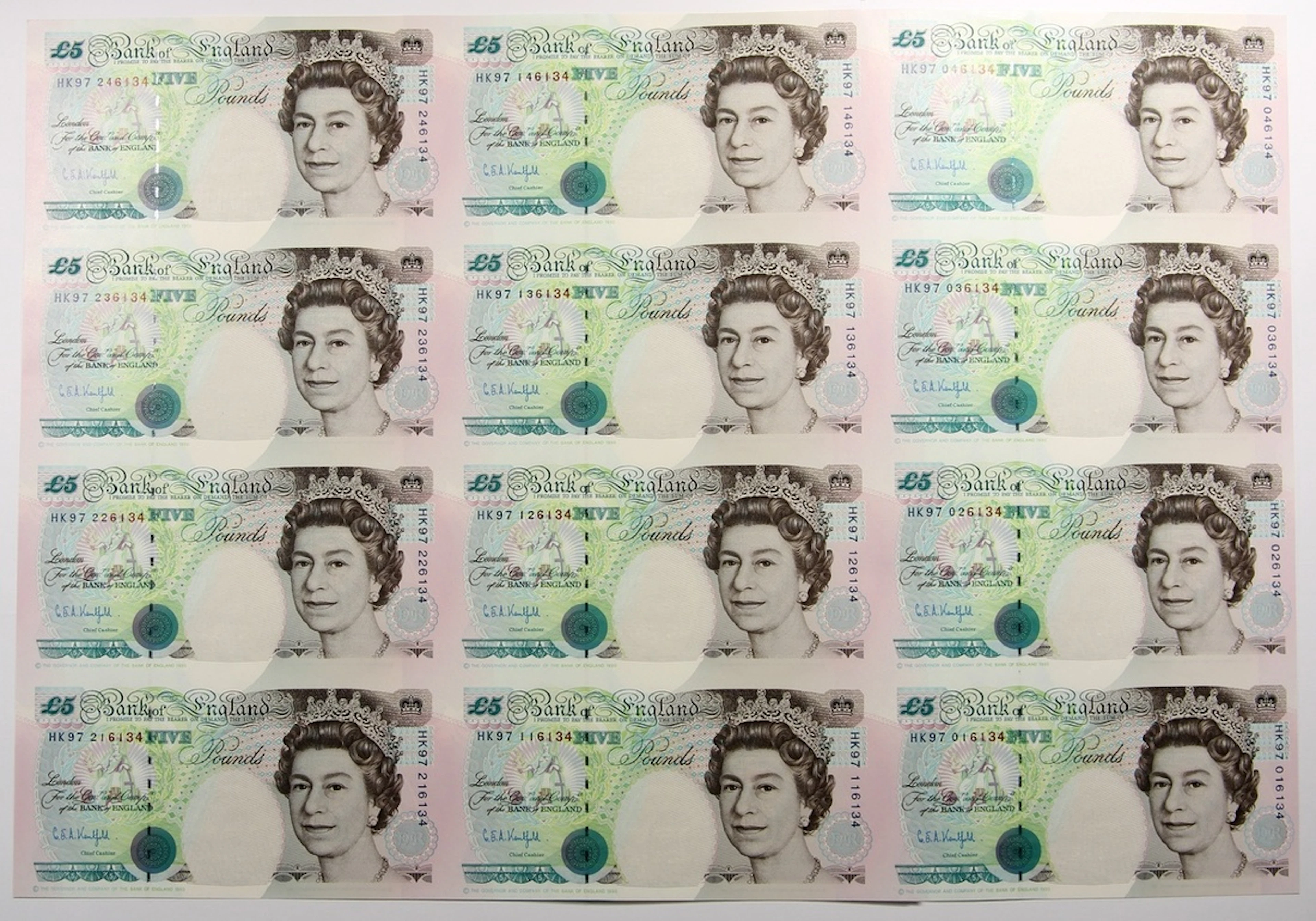 Bank of England, Great Britain, an uncut sheet of 12x £5, 1997, prefix