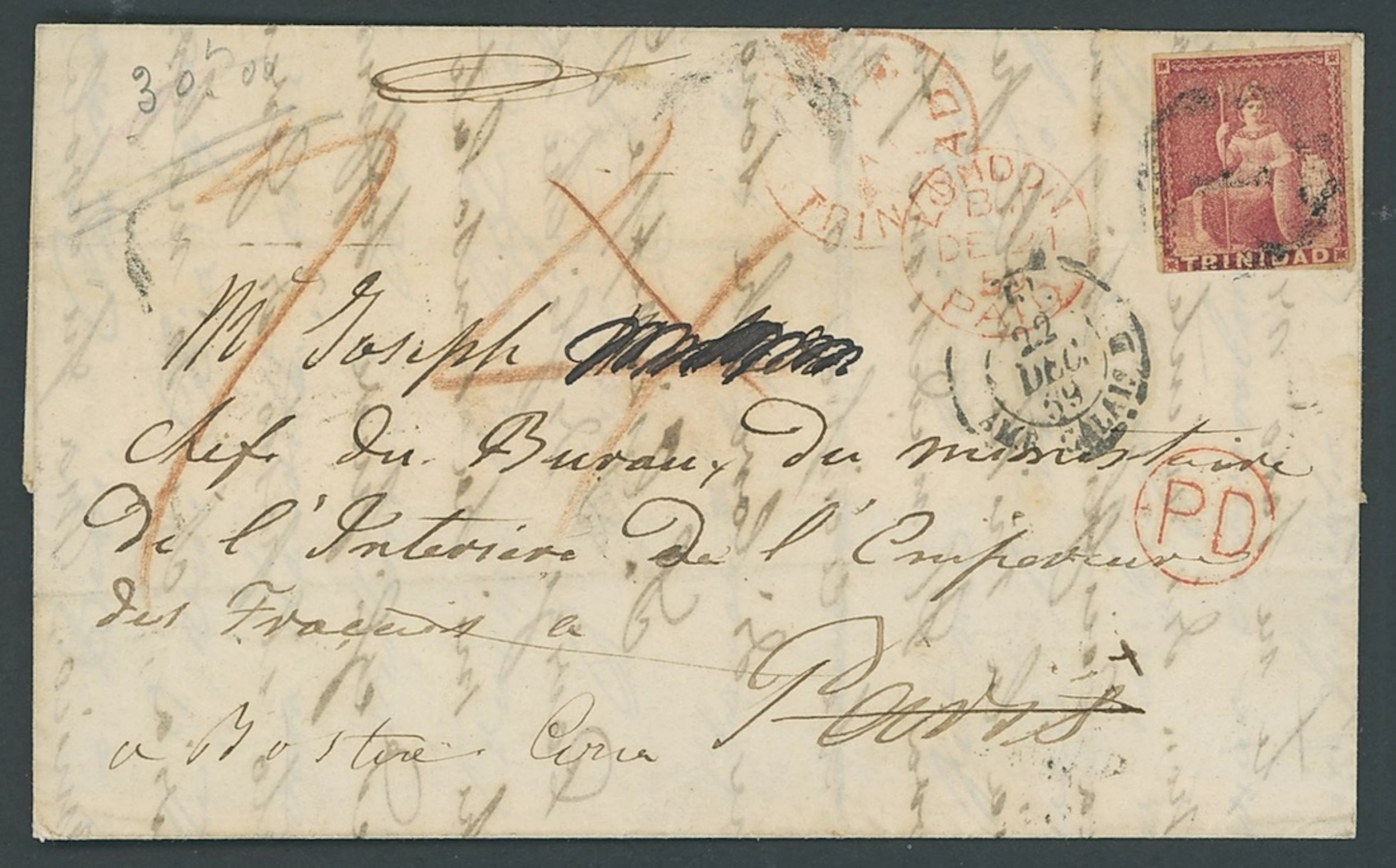 Trinidad Covers and Cancellations 1859 entire (lower flap on reverse