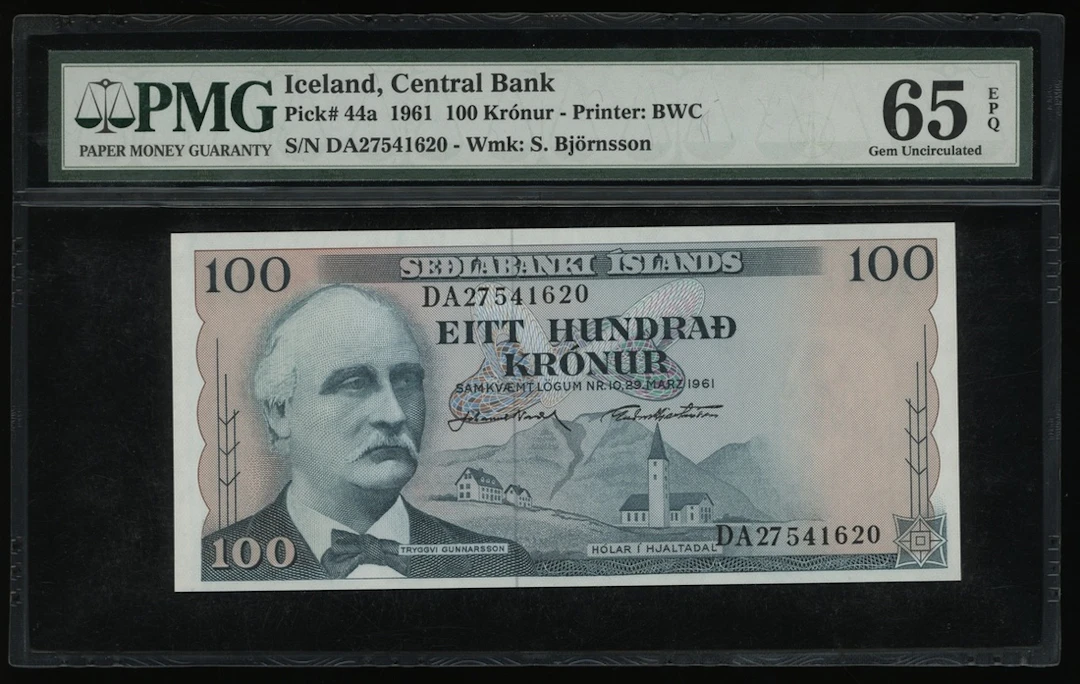 Central Bank of Iceland, 100 kronur, 1961, serial number DA27541620