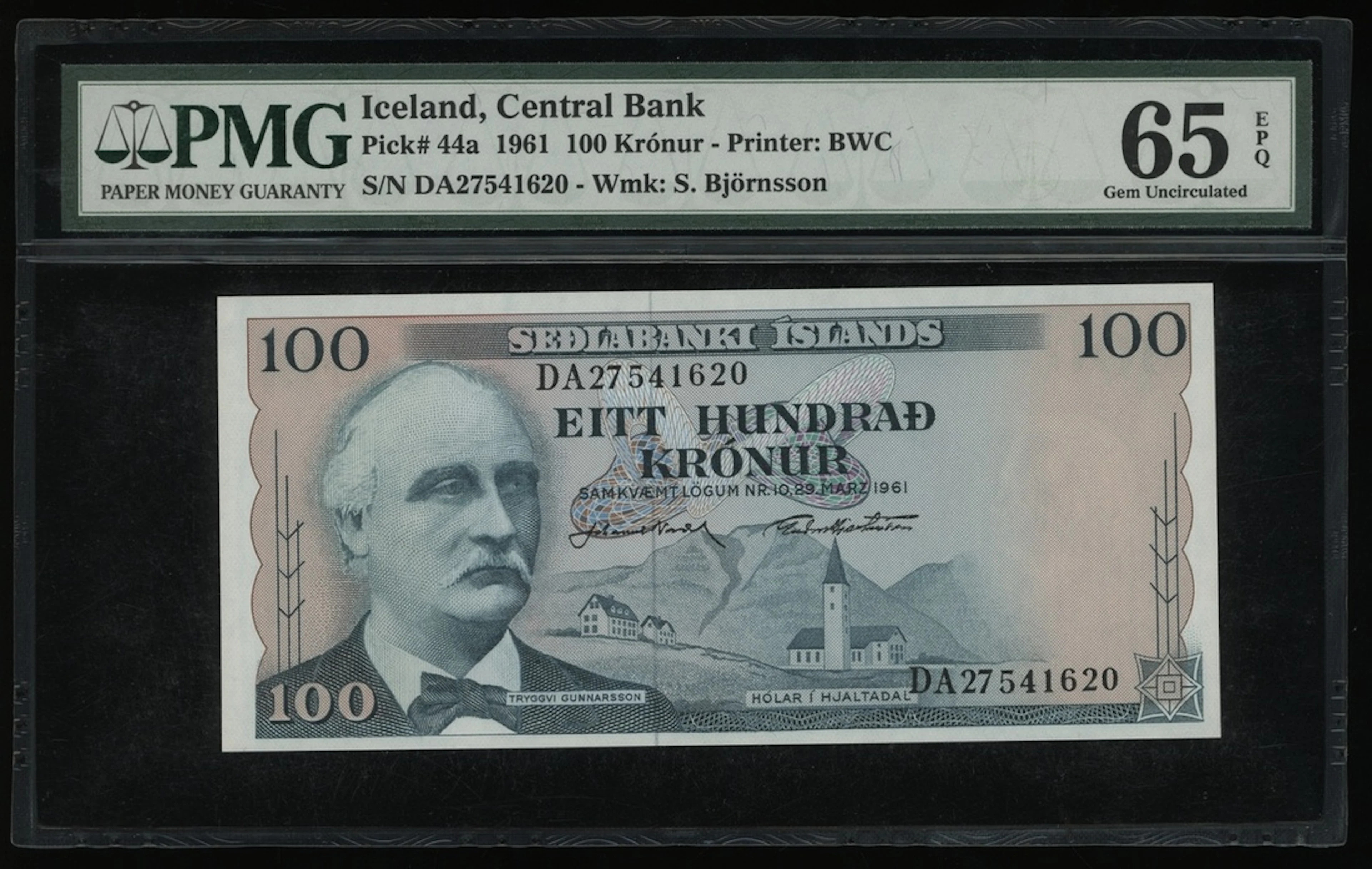 Central Bank of Iceland, 100 kronur, 1961, serial number DA27541620