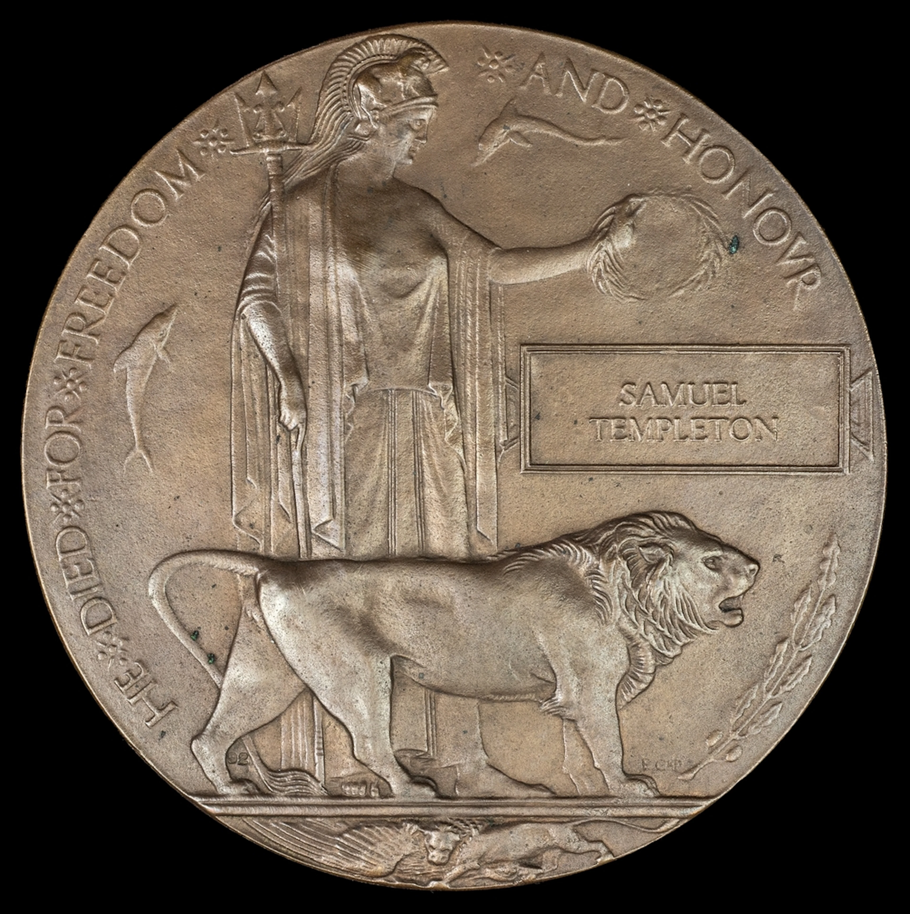 The Great War Bronze Memorial Plaque awarded in memory of Private
