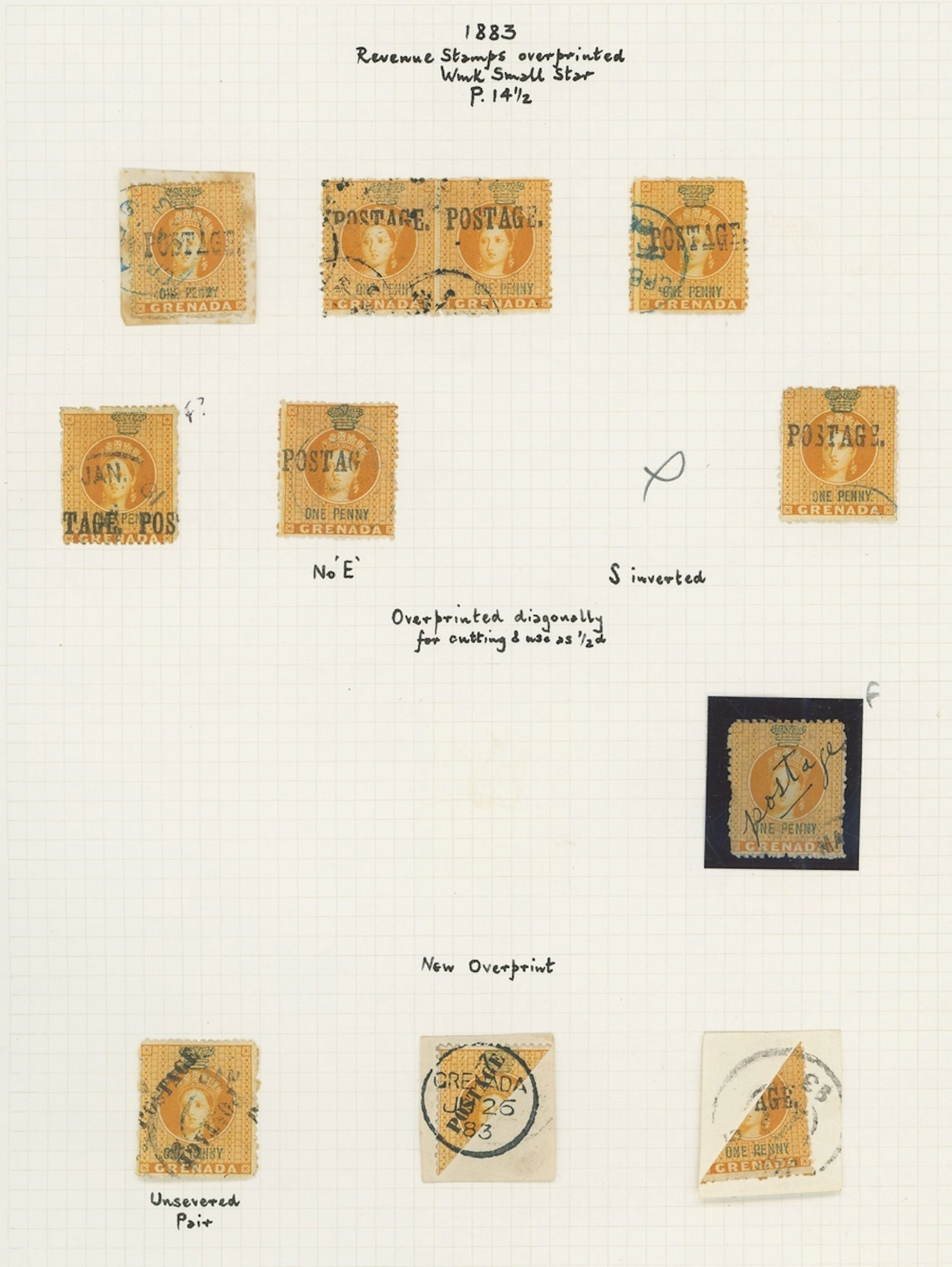 Grenada Issued Stamps 1883 (Jan.) large "postage" overprinted horizontally