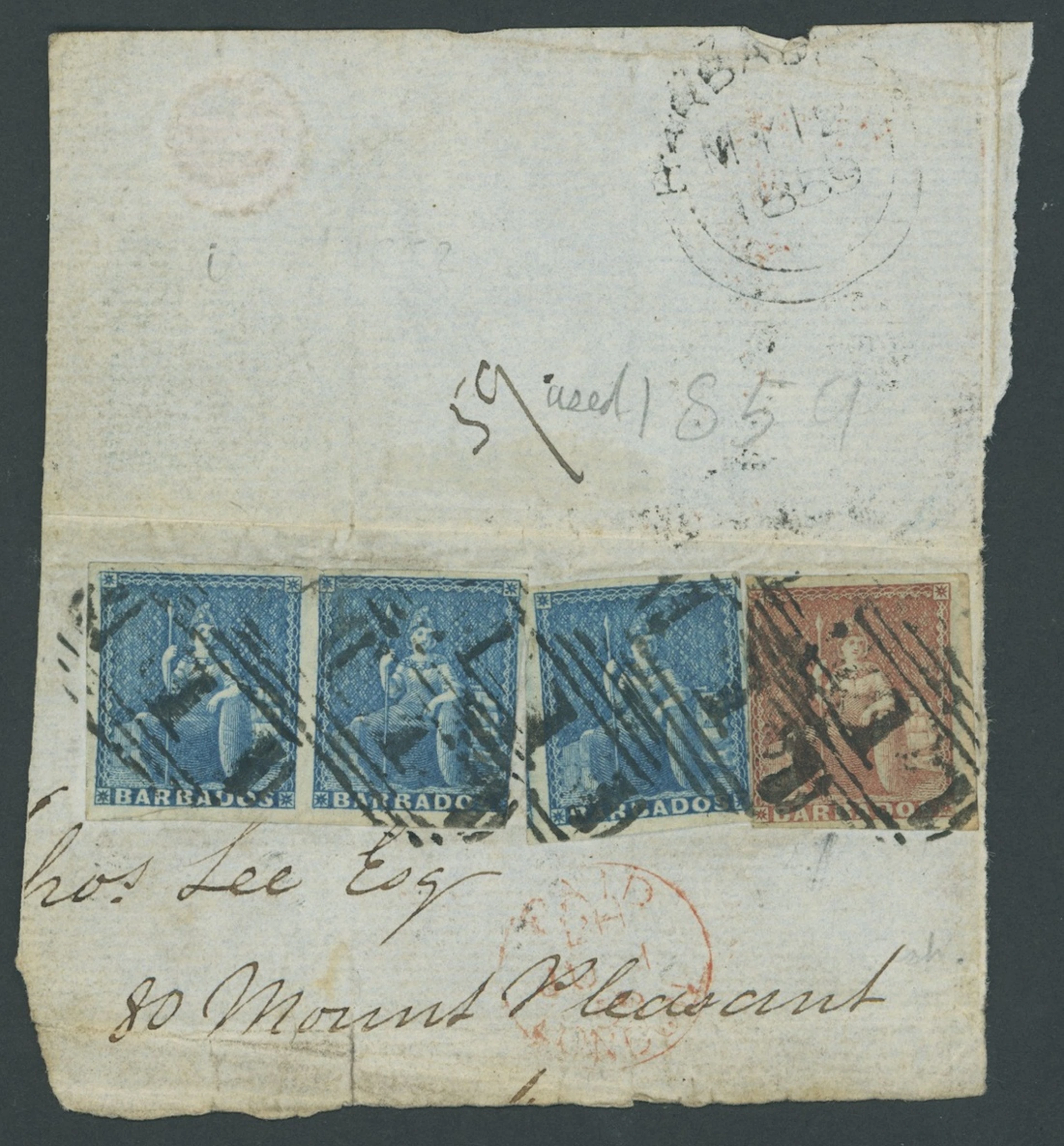 Barbados Britannia Issues 1852-55 blued paper, imperf (4d.) brownish