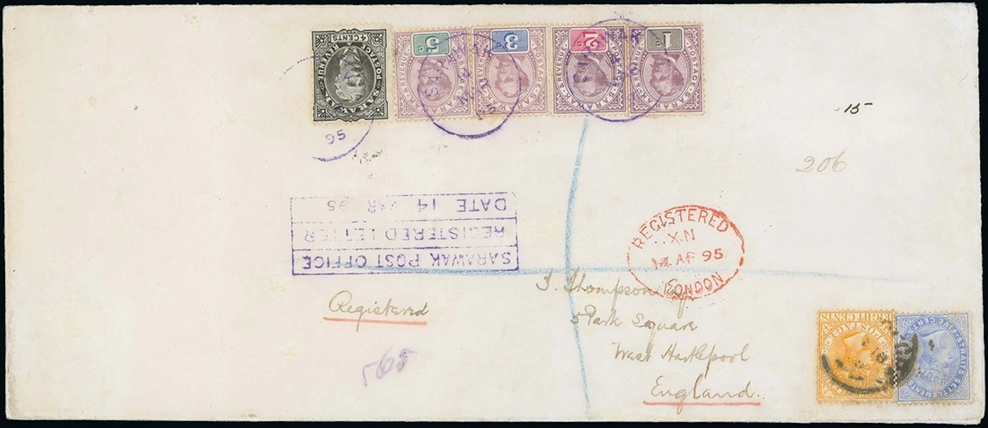 Sarawak 1888-97 "postage & revenue" Issue Combination Covers 1895