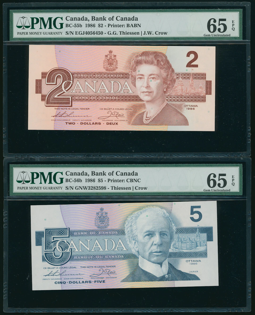 Bank of Canada, $2 and $5, 1986, serial numbers GNW 3282598 and EGJ