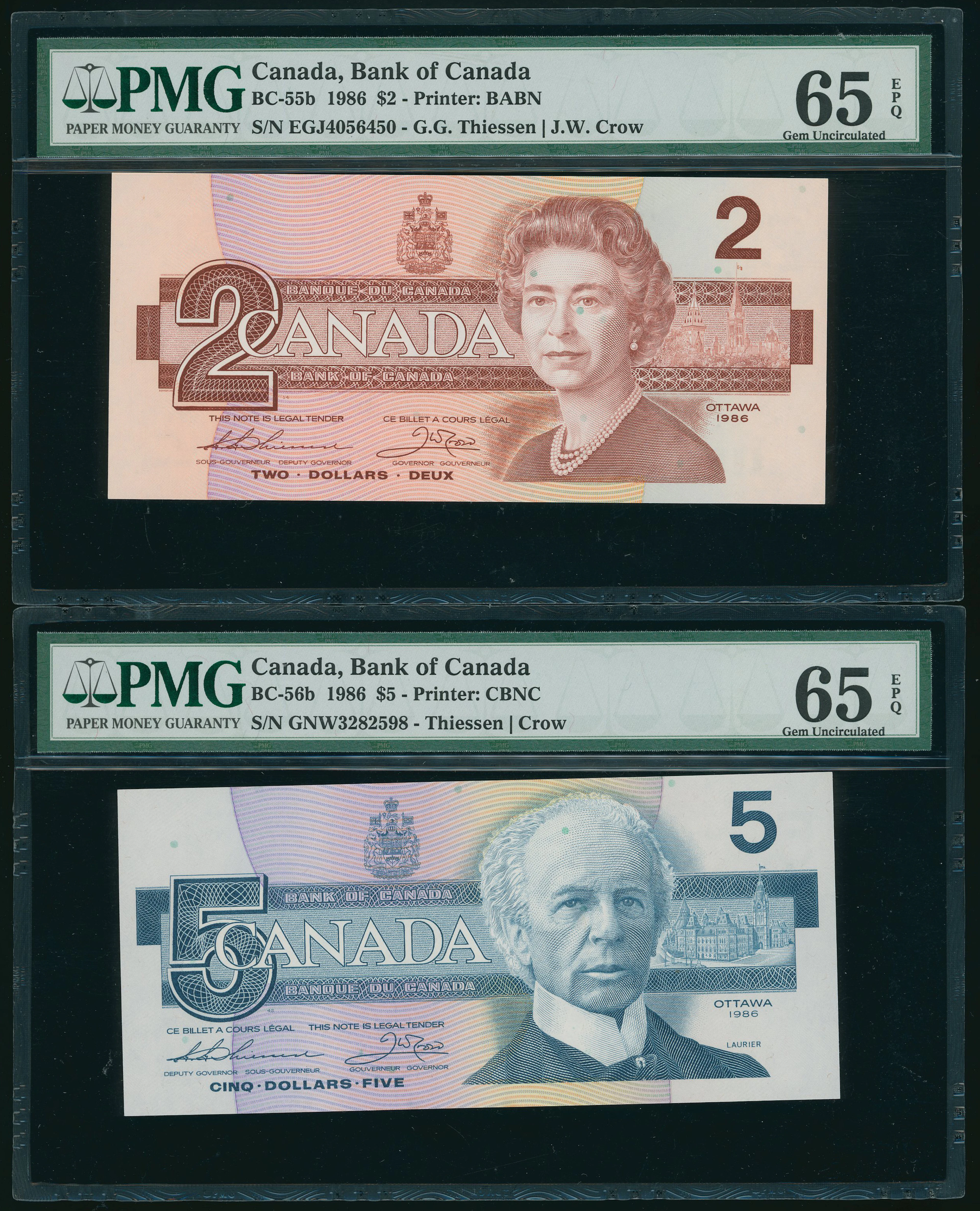 Bank of Canada, $2 and $5, 1986, serial numbers GNW 3282598 and EGJ