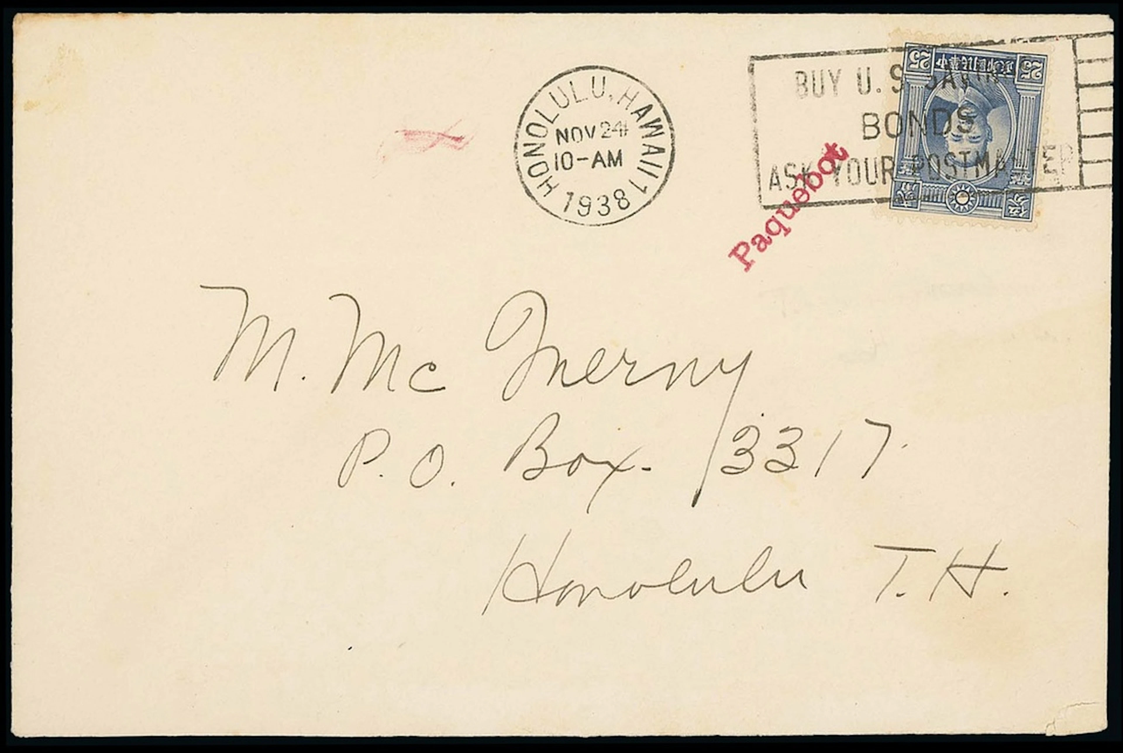 China Covers and Cancellations Paquebot Mail Honolulu: 1938 (24 Nov.)