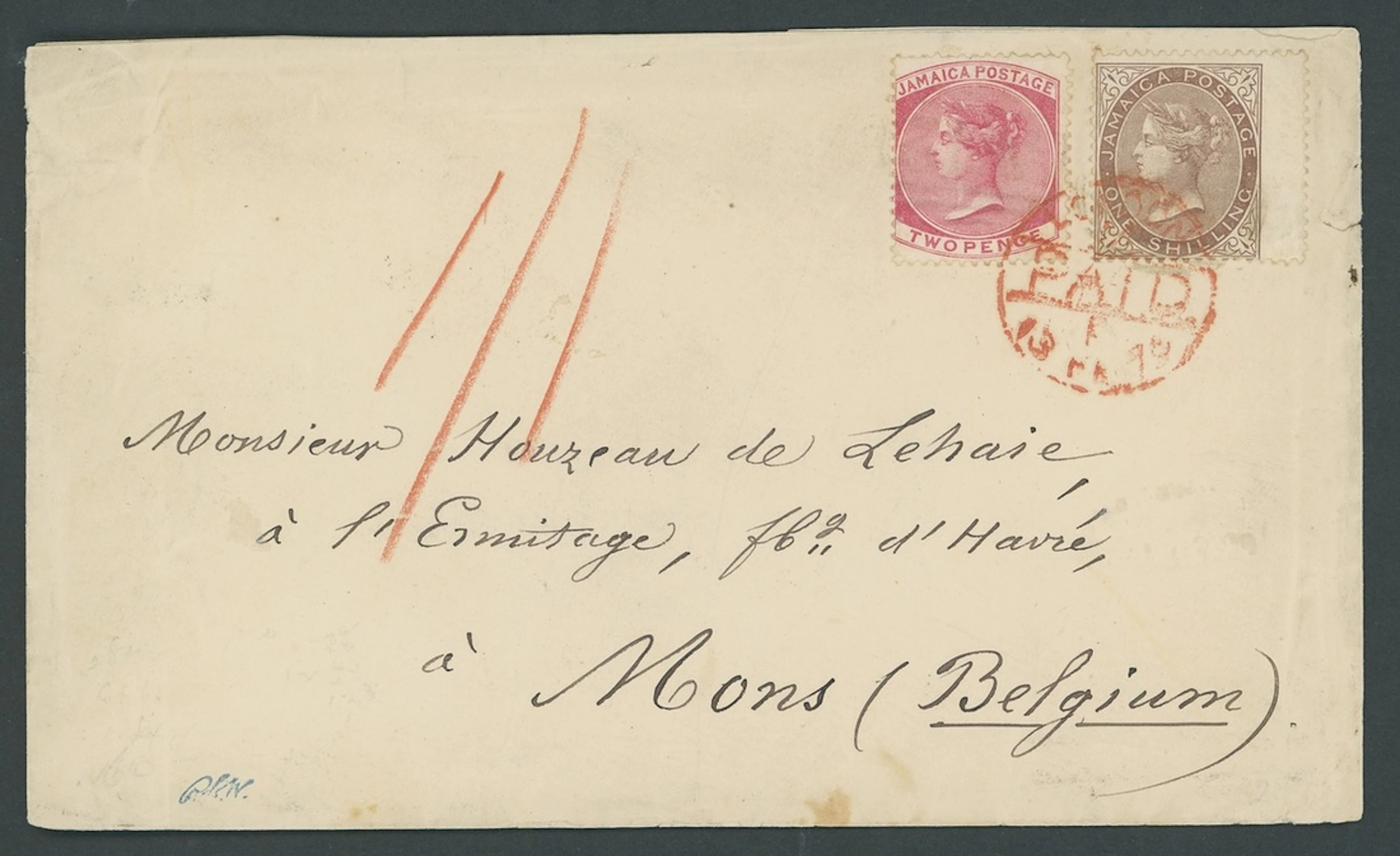 Jamaica Covers and Cancellations "A42" 1875 (Jan.) envelope from Gordon