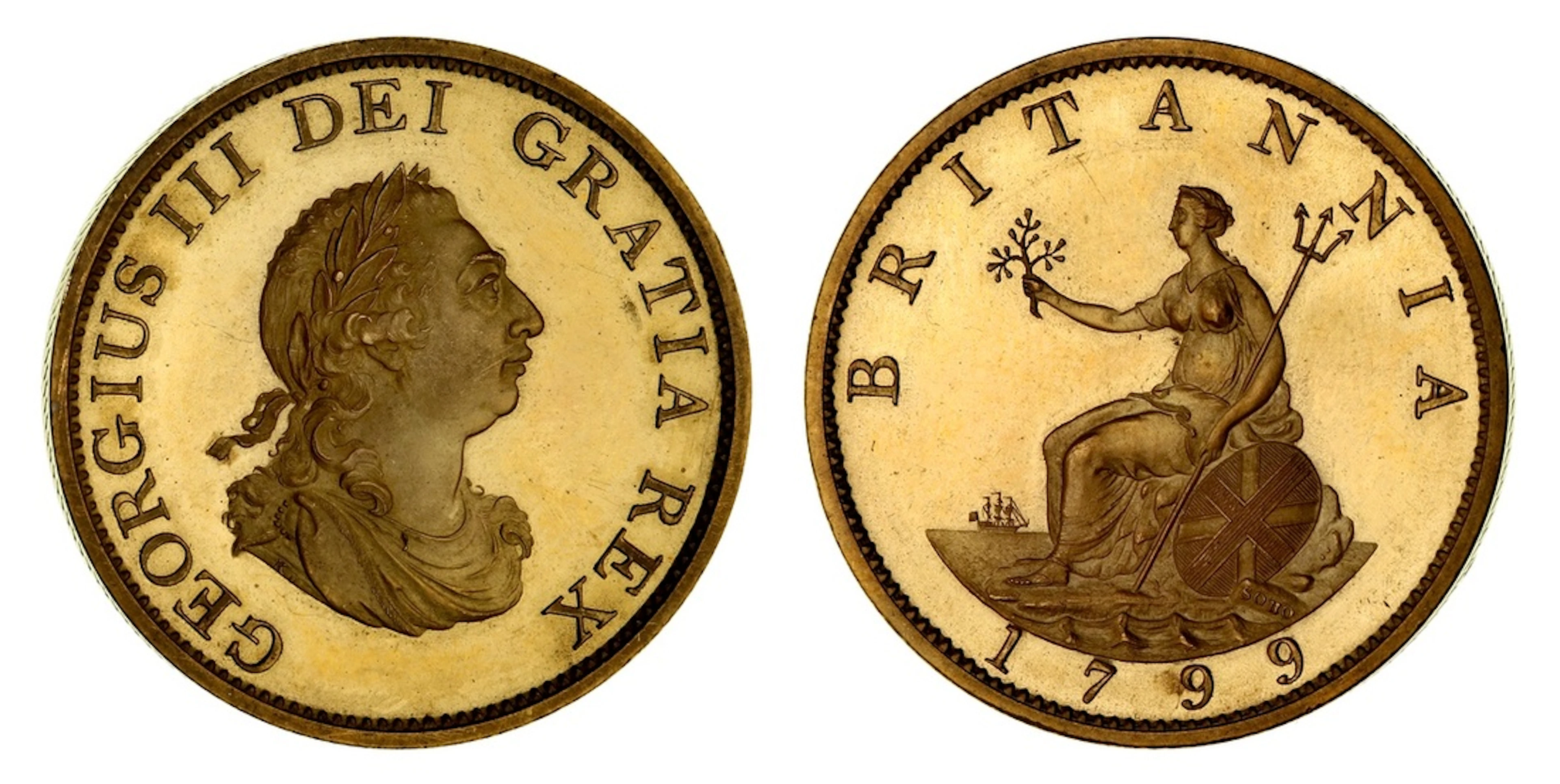NGC PF64+ UCAM | George III (1760-1820), Gilt Proof Halfpenny, 1799, Soho
