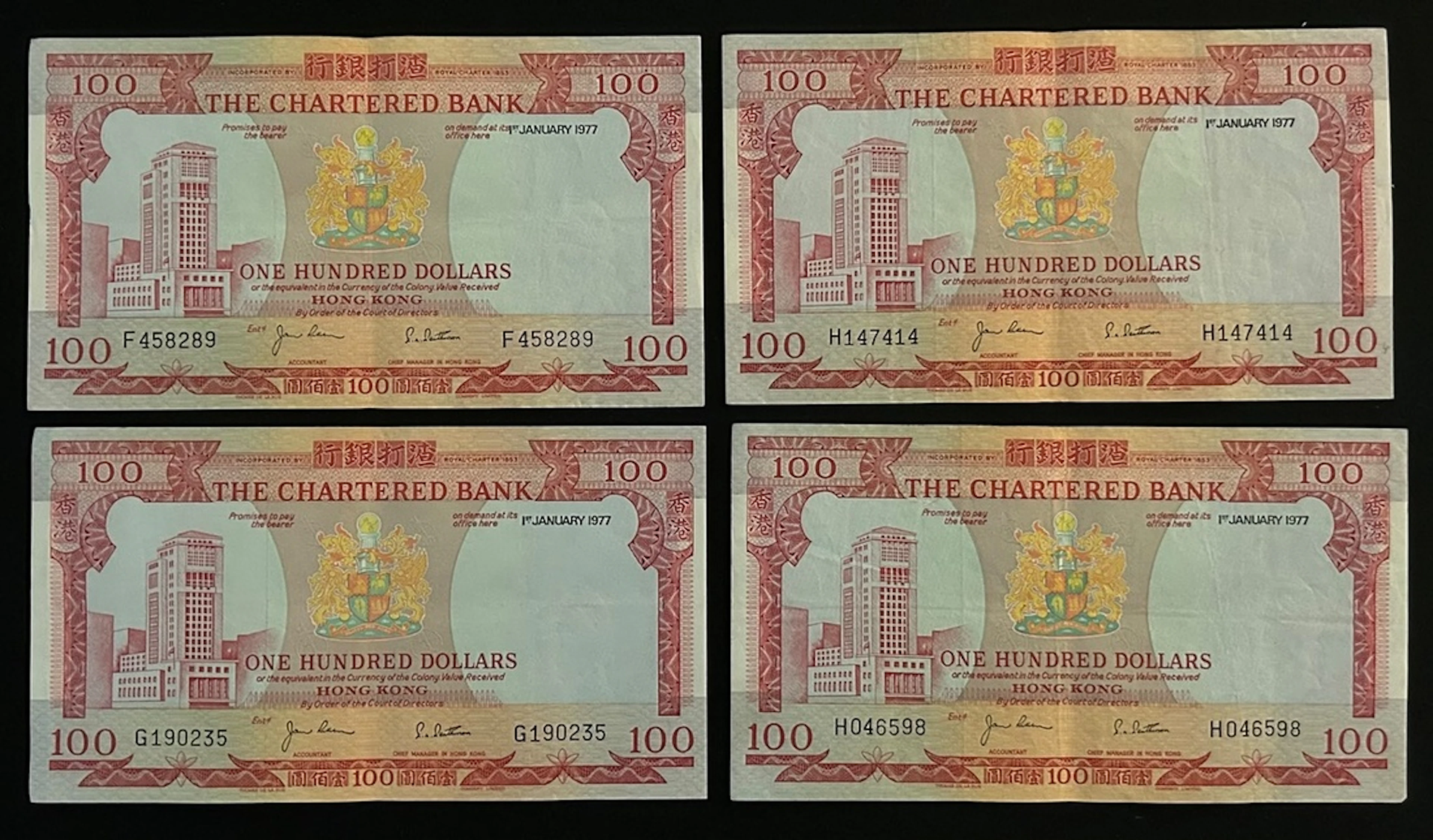 Chartered Bank, Hong Kong, $100 (4), 1977, prefixes F, G, H (2), (Pick 76)