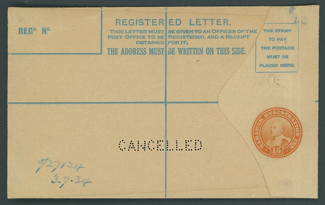 Sarawak Postal Stationery Registered Envelopes 1934 15c. Size G perforated