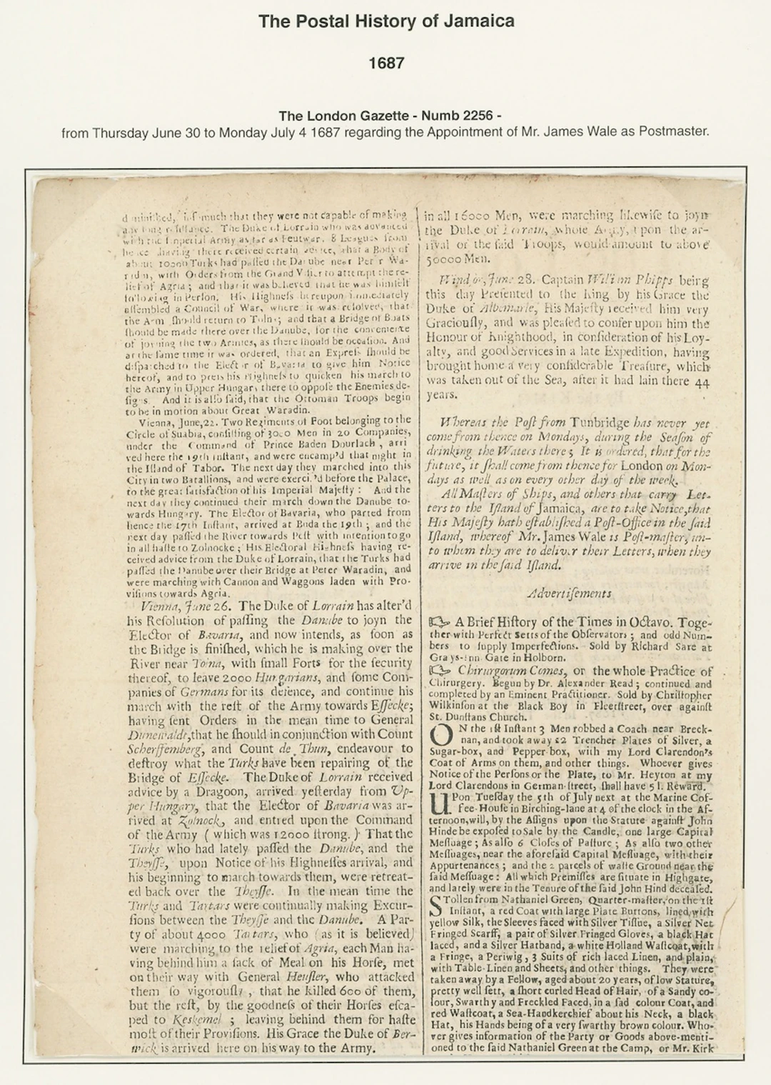 Jamaica "The London Gazette" Announcements 1687 (30 June-4 July) near