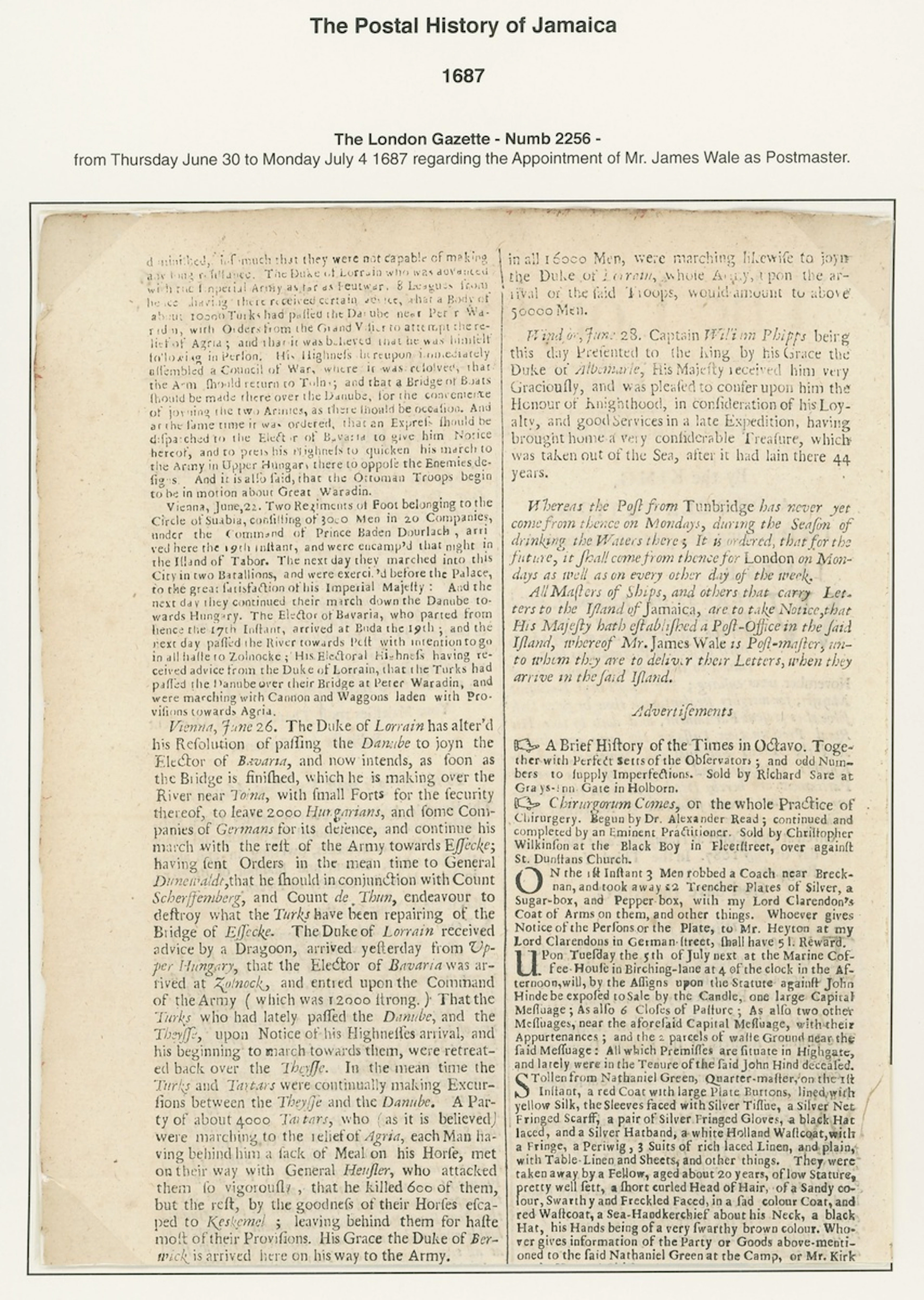 Jamaica "The London Gazette" Announcements 1687 (30 June-4 July) near