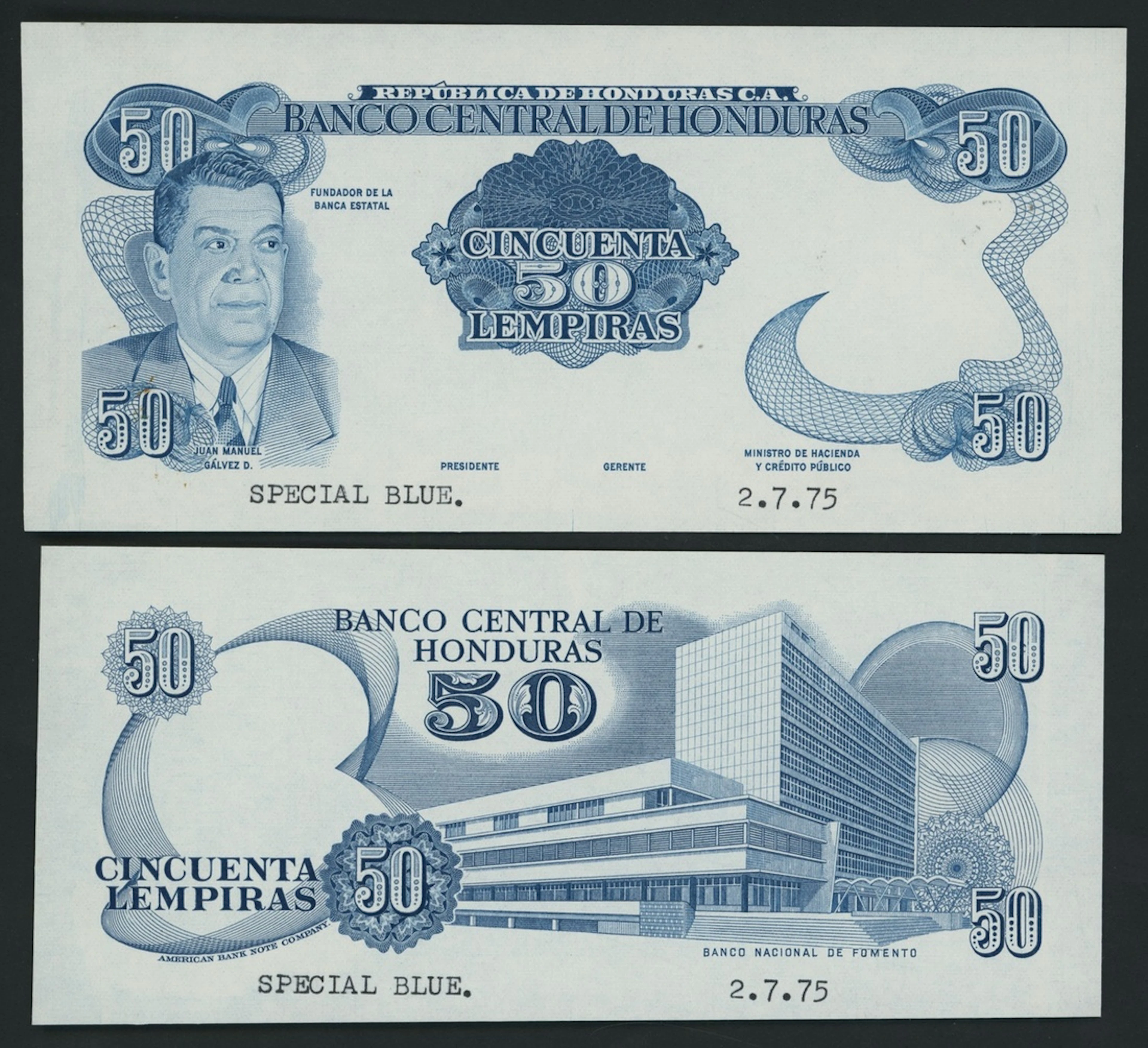 Banco Central de Honduras, [2 notes] front and back proofs for 50