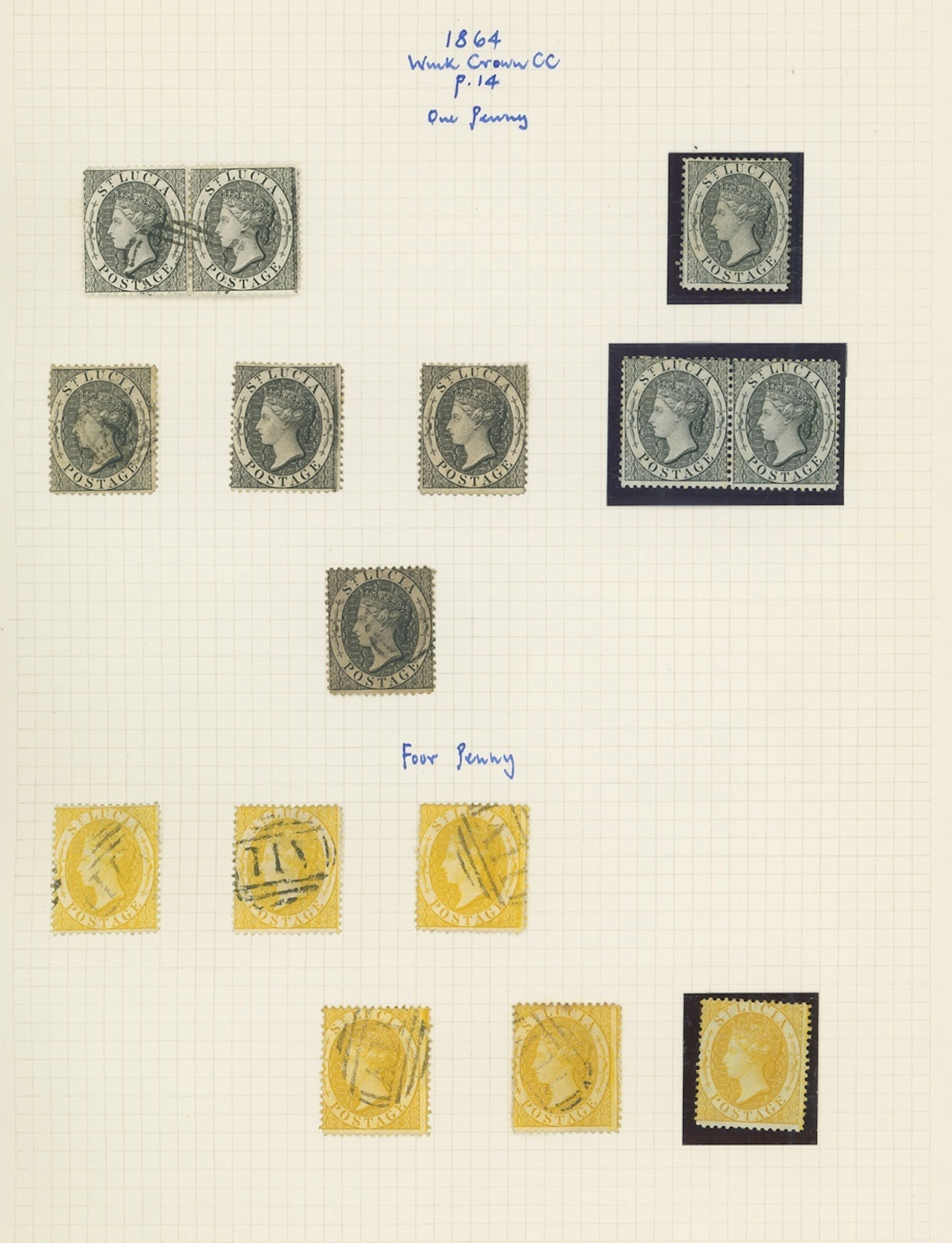 St. Lucia 1864-76 CC, perf 14 1d. (9, three mint including a pair)