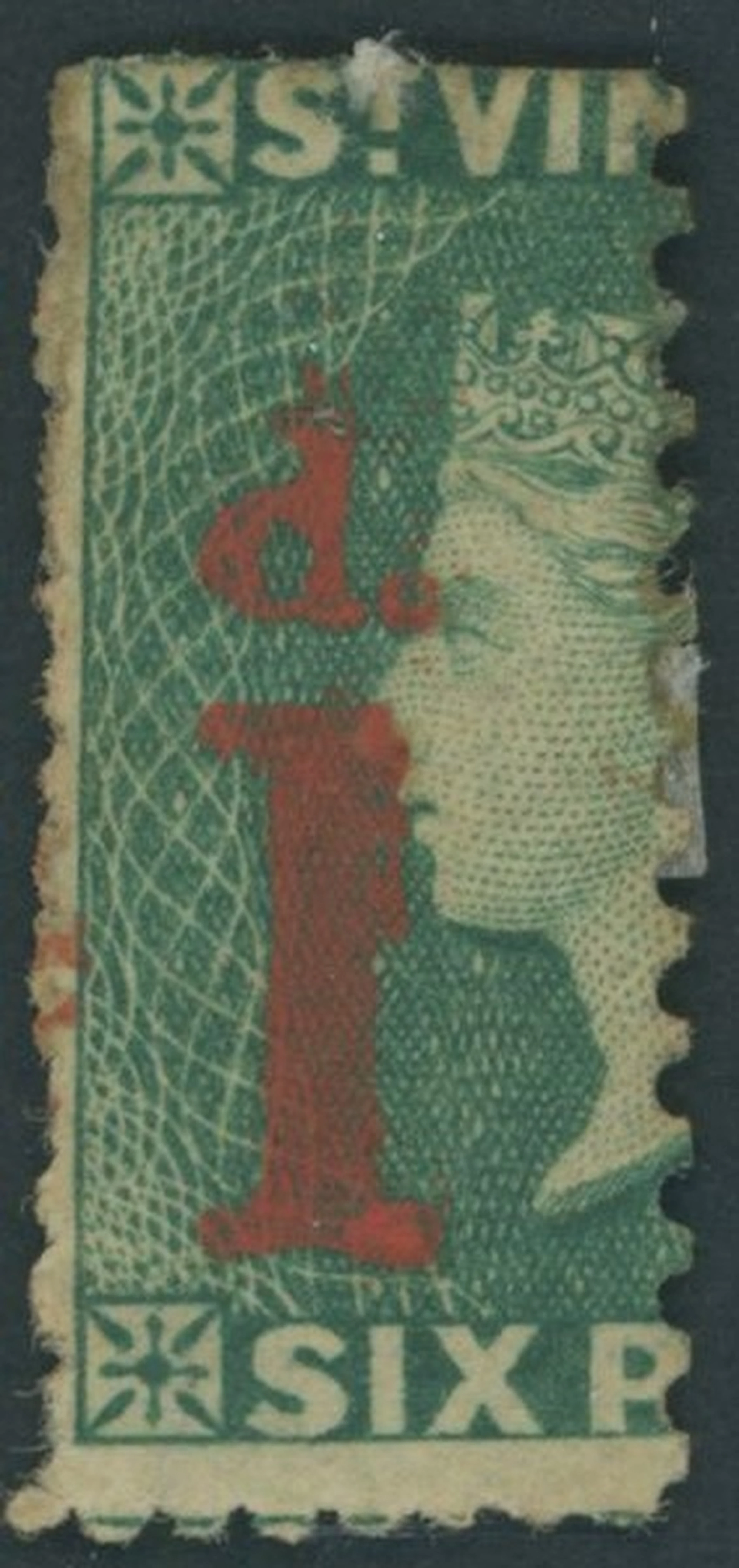 St. Vincent 1880 (May) 1d. on half 6d. deep blue-green, a left half